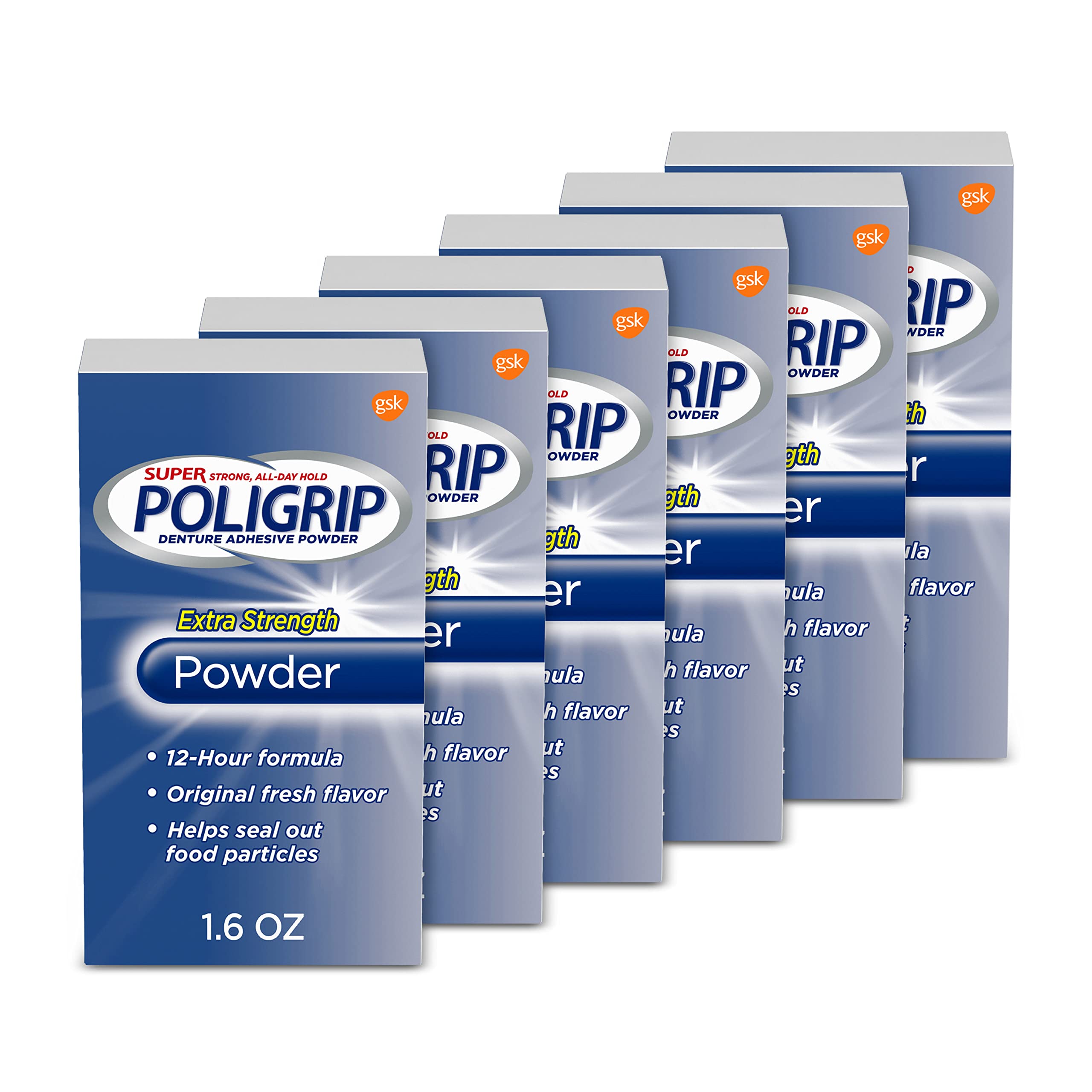 Super Poligrip Extra Strength Denture Adhesive Powder – 1.6 oz, 6-pack