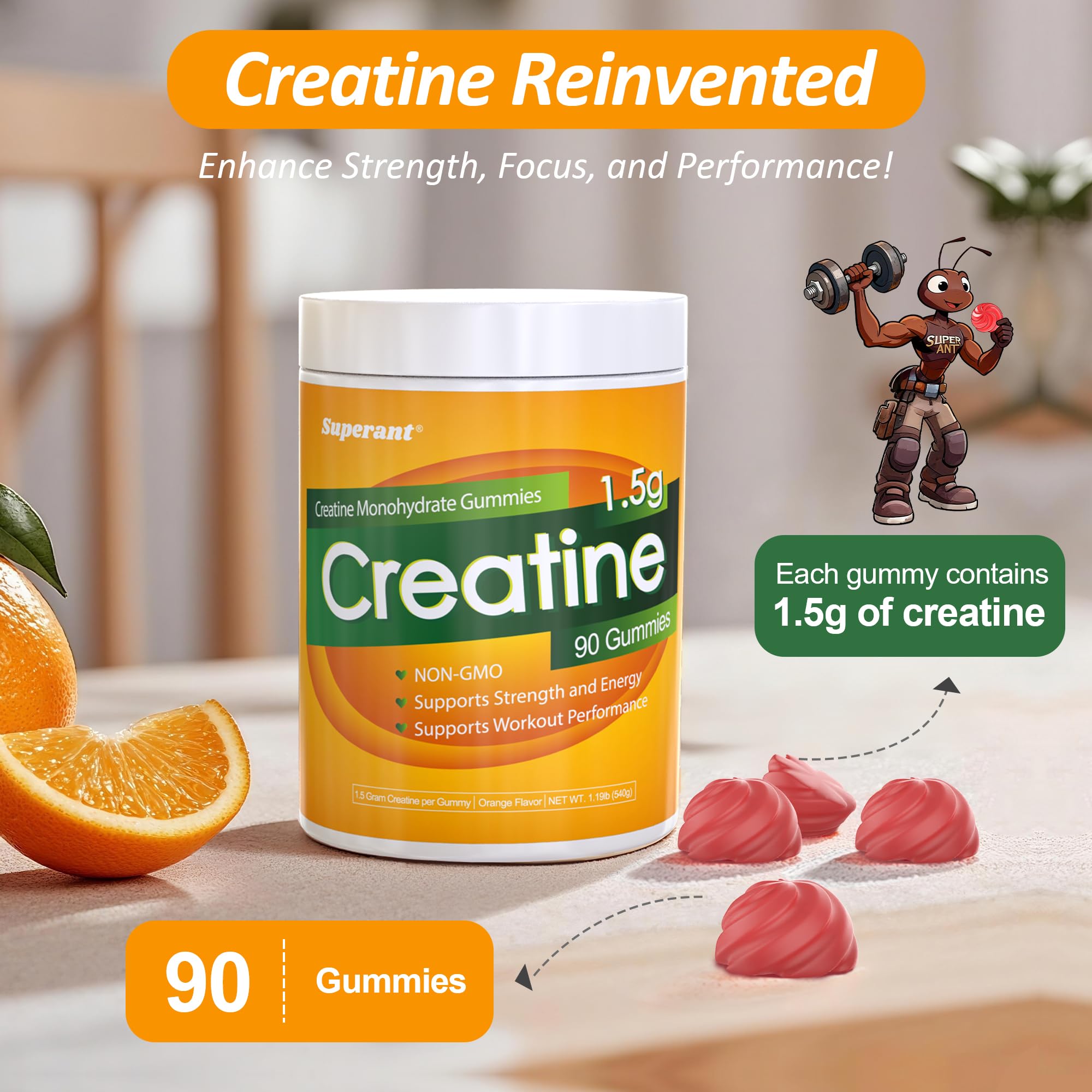 SUPERANT Creatine Gummies – 1.5g per Gummy, 90-count, Vegan