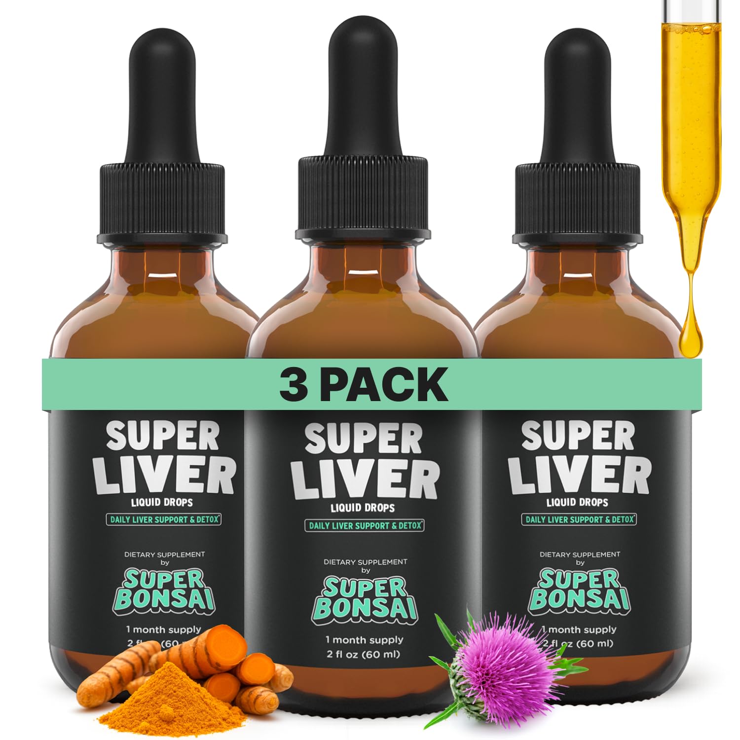 SuperBonsai Super Liver Support with Milk Thistle – All-Natural Liquid Liver Health Supplement (3-Pack)
