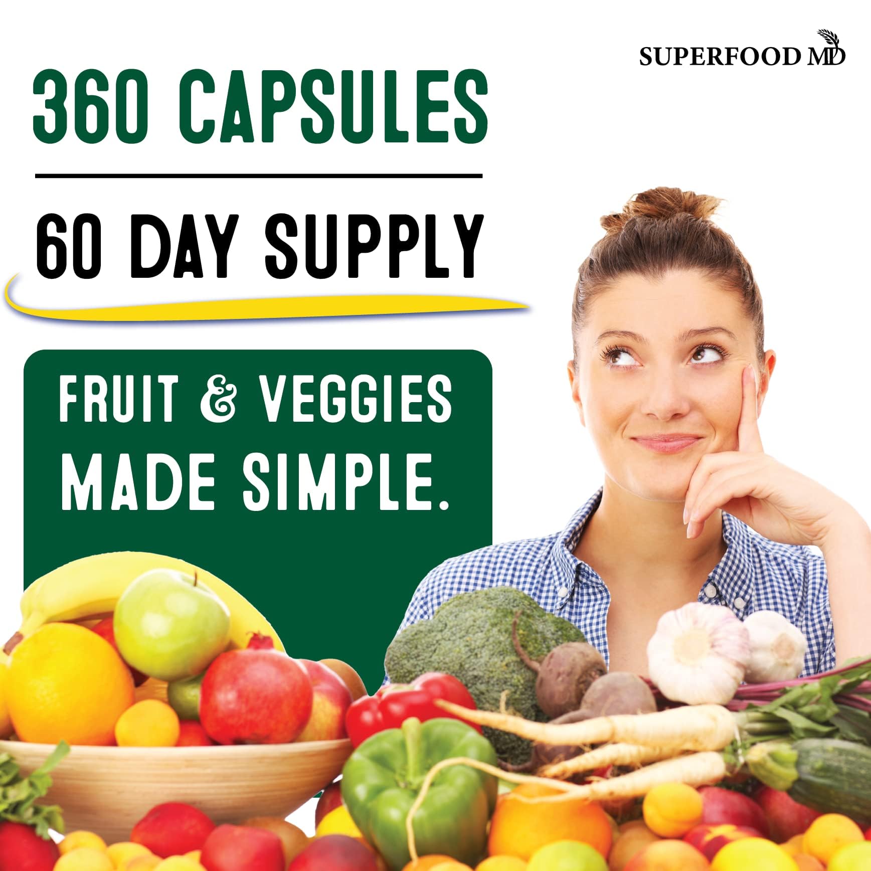 Superfood MD Fruit & Veggie Supplement – 360 Total Capsules (180 Per Bottle) Beta-Carotene, Soy Free – 2-Pack