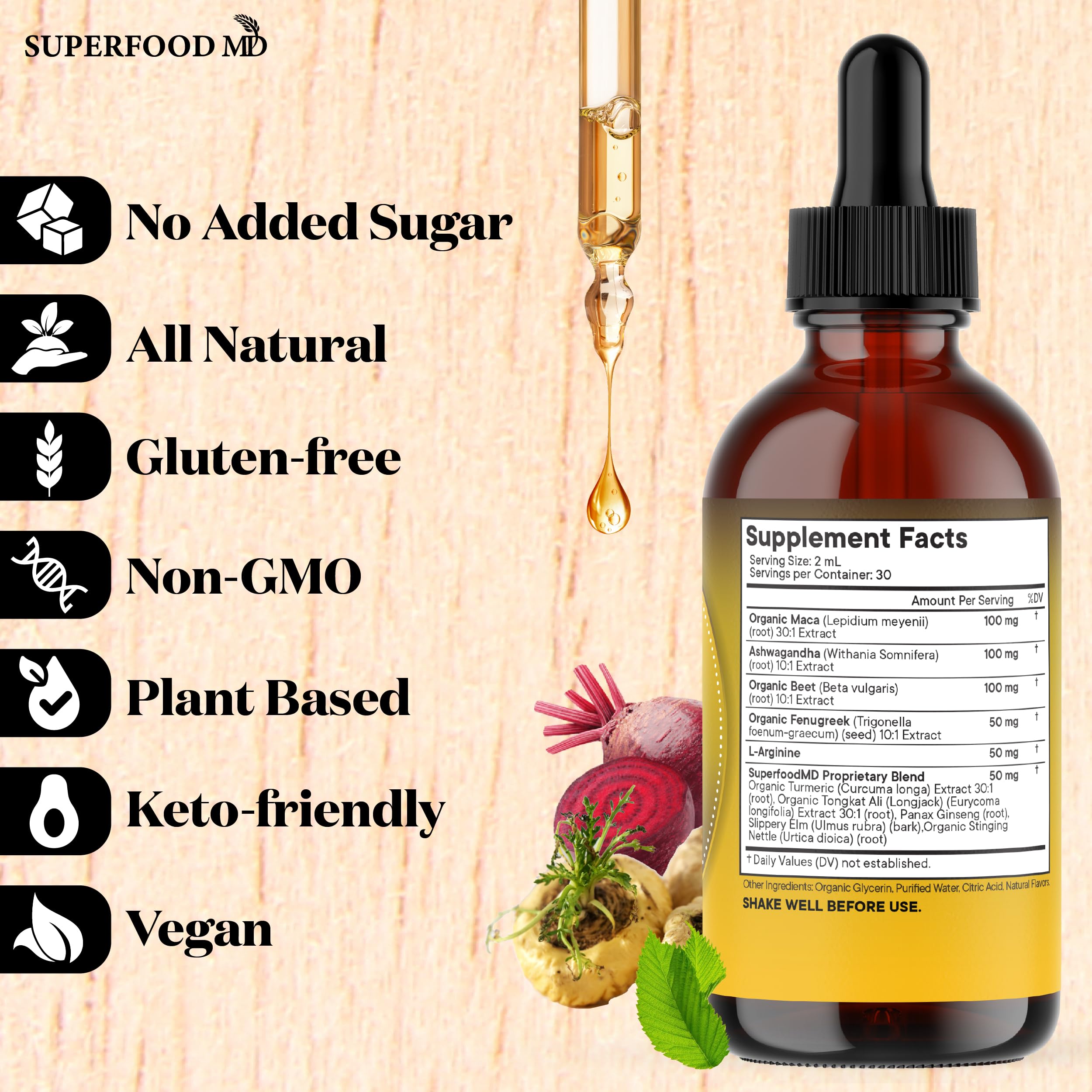Superfood MD Maca Root Liquid Drops with Ashwagandha, Nettle, Beet Root & L-Arginine – 8 Oz