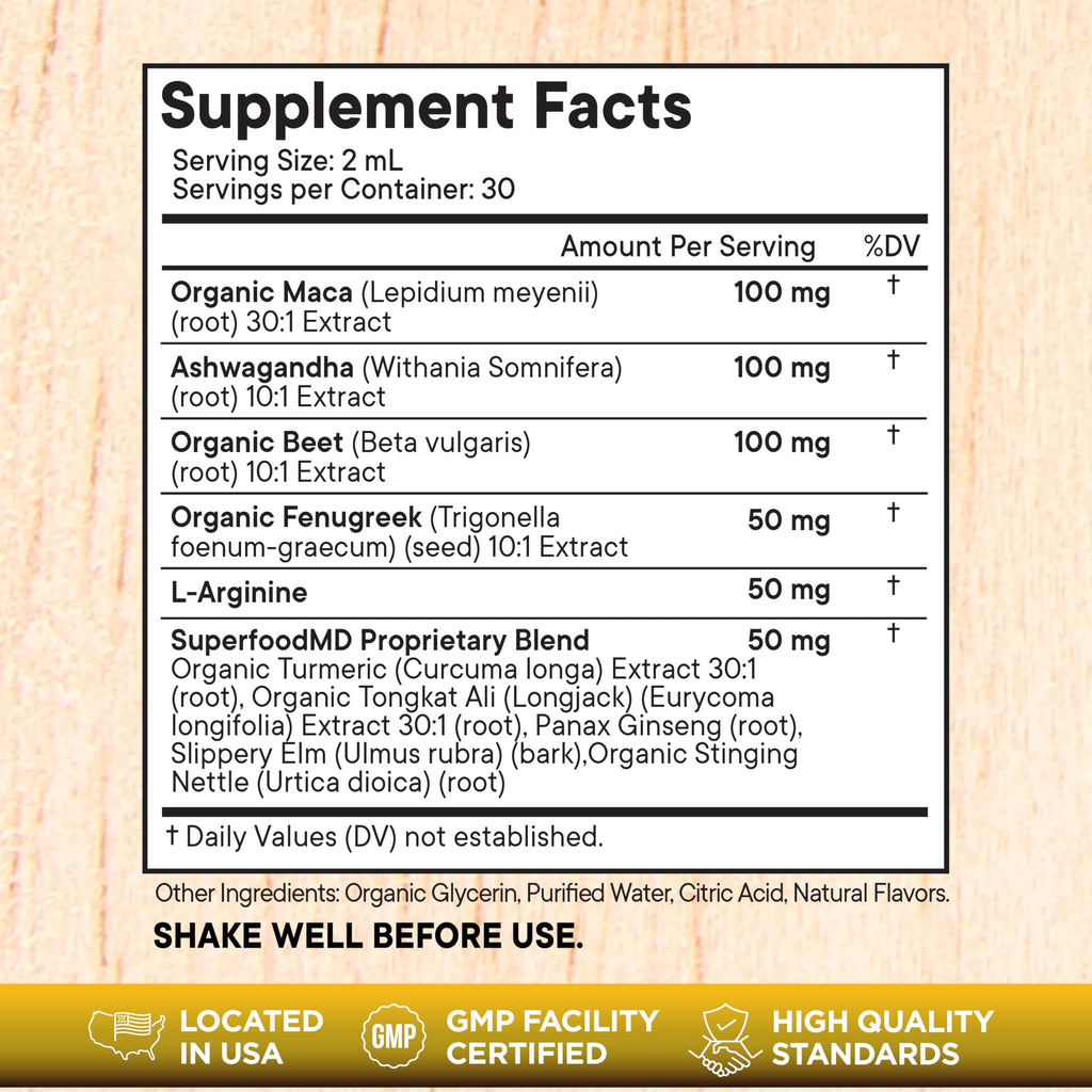 Superfood MD Maca Root Liquid Drops with Ashwagandha, Nettle, Beet Root & L-Arginine – 8 Oz