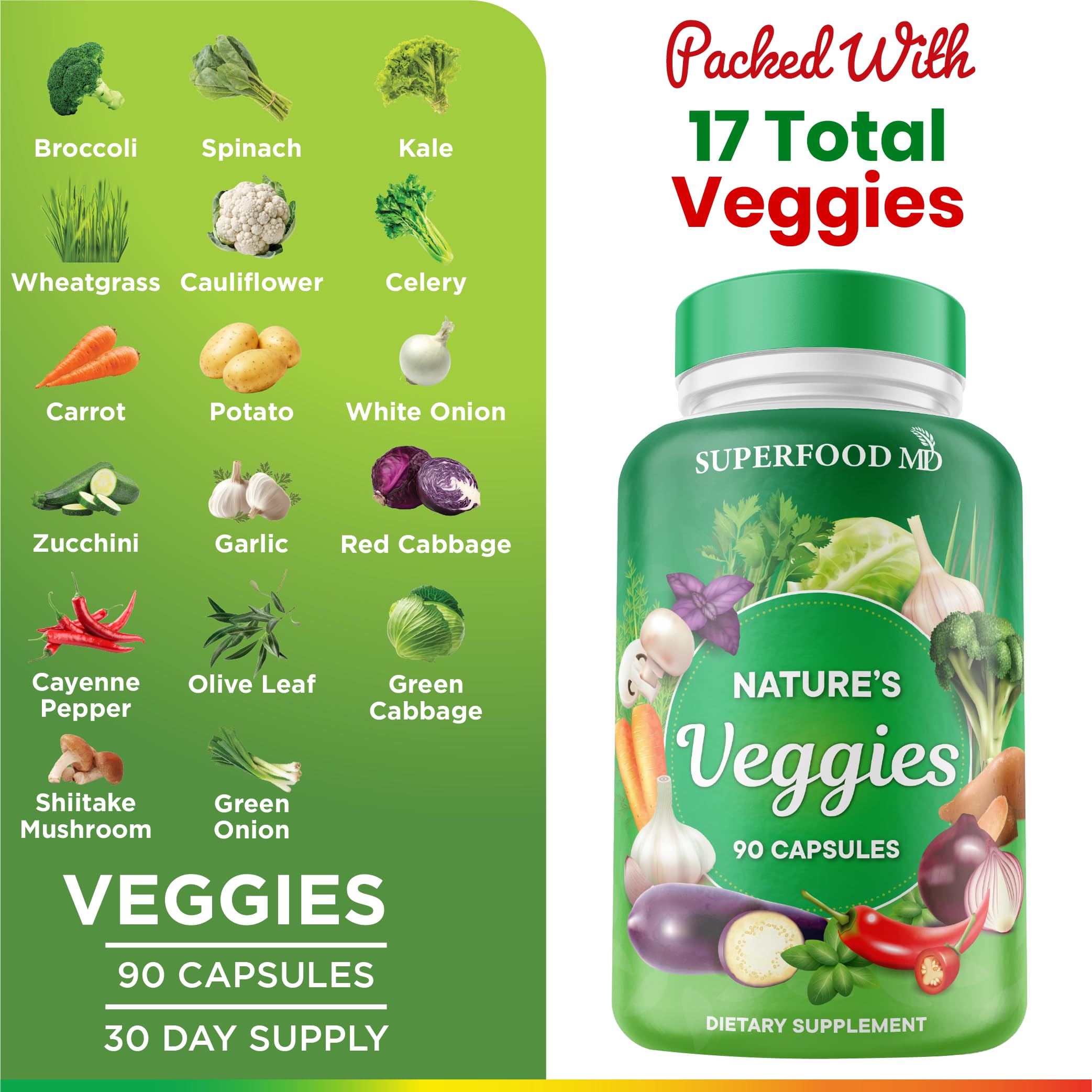 Superfood MD Veggies Supplement - 90 Veggie Capsules | Energy & Antioxidants | Soy Free