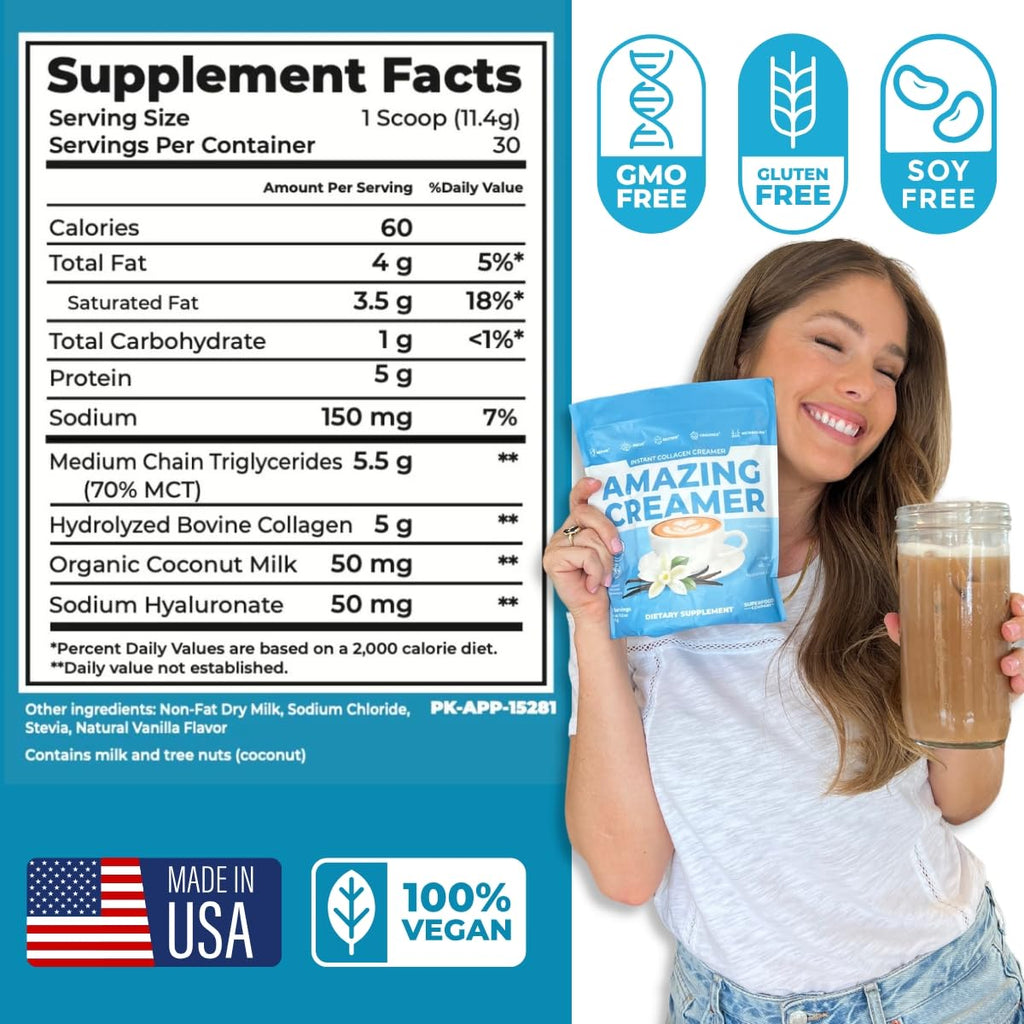 Superfoods Company Amazing Creamer with Collagen - Keto, MCT Oil, Hyaluronic Acid, Vanilla | 60 Servings