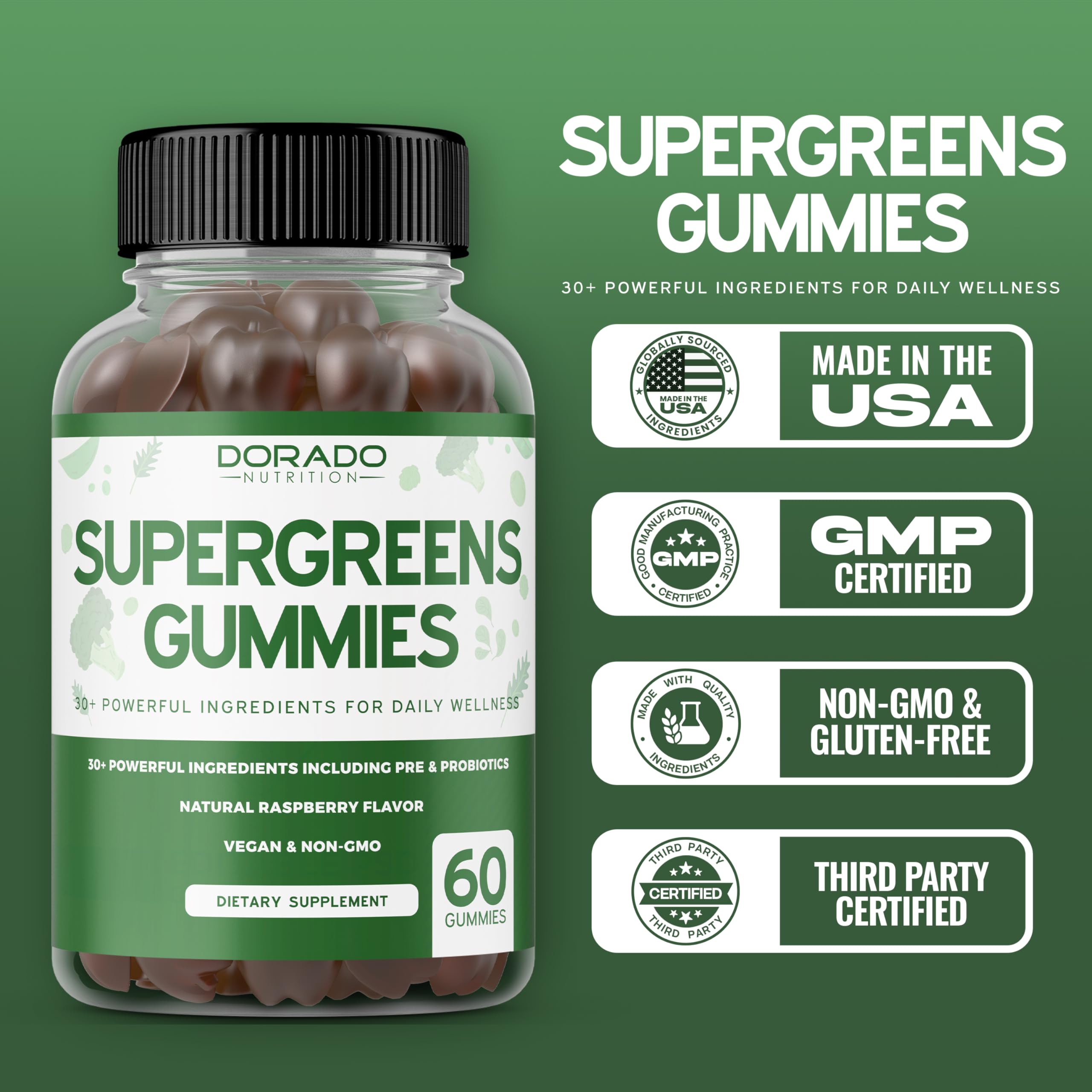 Supergreens Gummies (60 Count) – 8-Ingredient Greens for Immunity – Vegan & USA Made (Pack of 2)