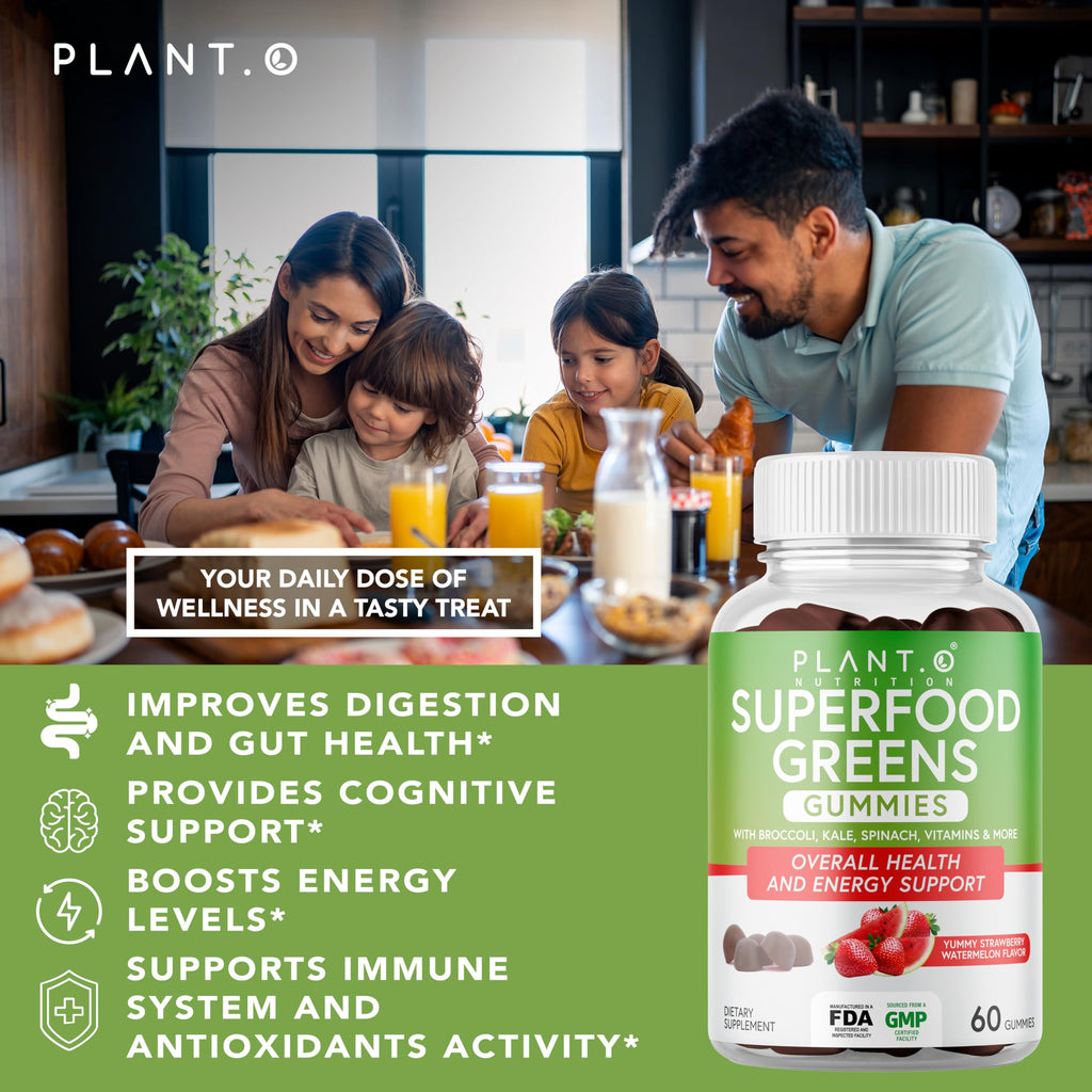 PLANT.O NUTRITION SuperGreens Gummies – Immunity, Gut & Cognition Support | Watermelon & Strawberry | 60 Gummies