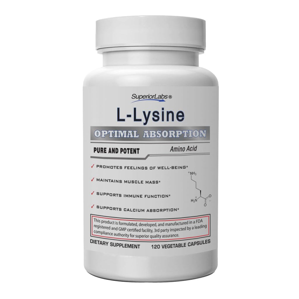 Superior Labs L-Lysine 500 mg Capsules – Third-Party Tested, Non-GMO, Gluten Free | 120 Caps