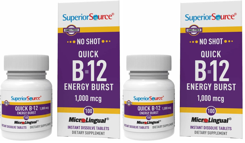 Superior Source B-12 1000 mcg Quick Energy Burst - MicroLingual Tablets (Pack of 2) - Non-GMO & Gluten-Free
