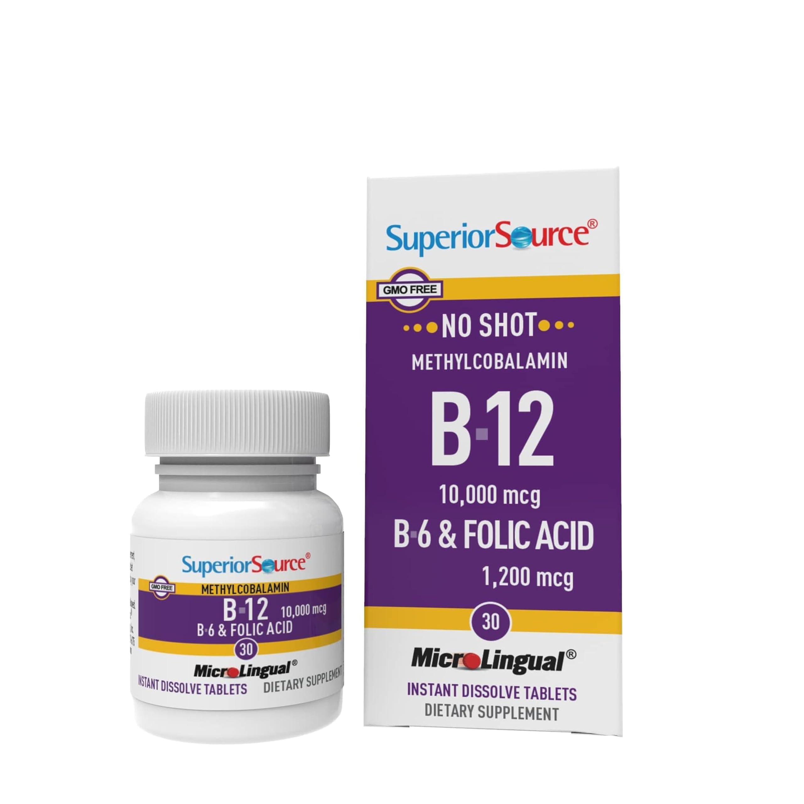 Superior Source No Shot B-12 10000 mcg + B-6 & Folic Acid – 30 Sublingual Tablets