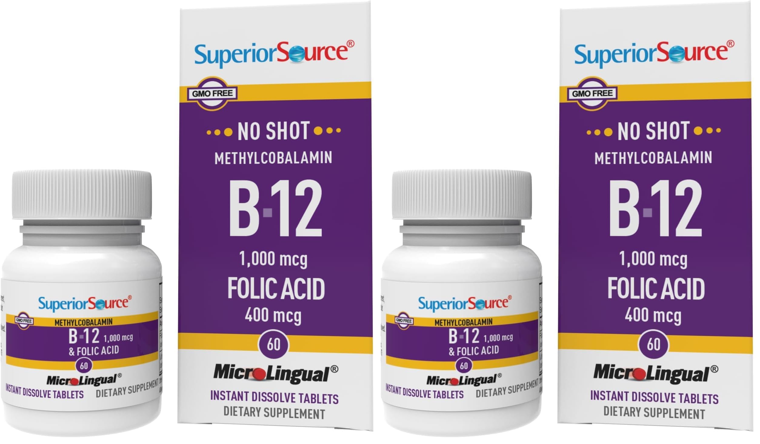 Superior Source No Shot Methylcobalamin B12 + Folic Acid Multivitamin - 60 Count (Pack of 2)