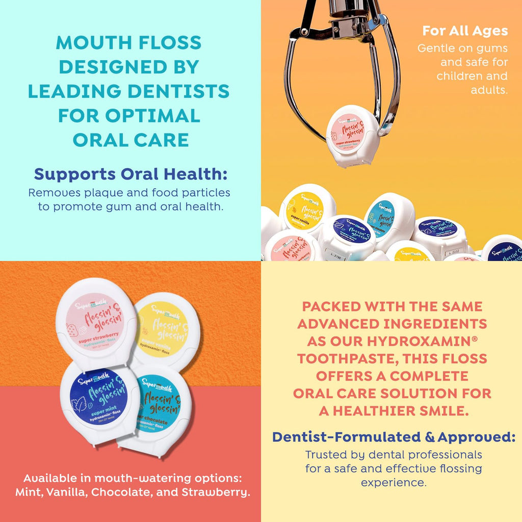 SuperMouth Fluoride-Free Floss – Expanding Floss for Plaque Removal & Enamel Support – Gentle Formula for Kids, Adults & Pregnant Women– Nano-Hydroxyapatite + Vitamins D3 & K2 – 4 Delicious Flavors