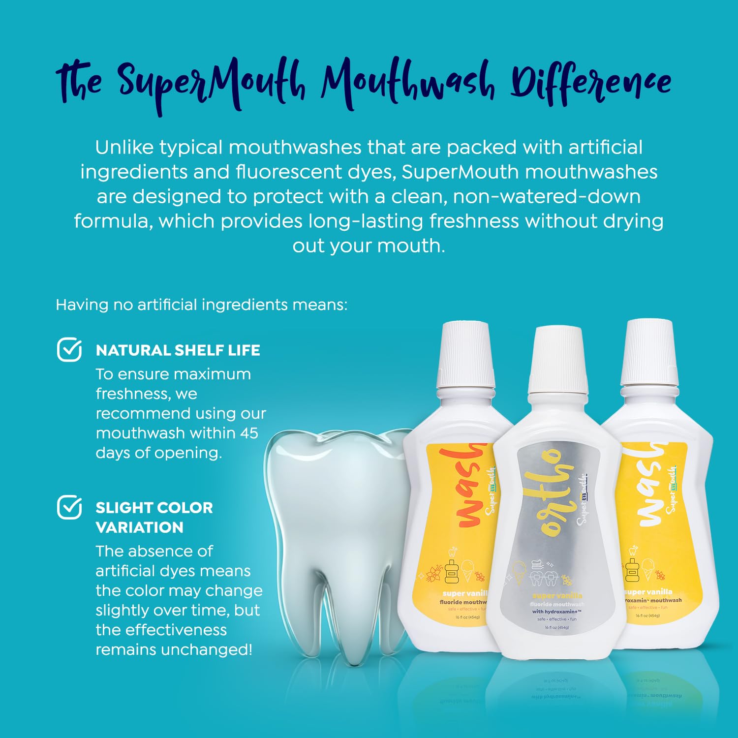 SuperMouth® Fluoride Mouthwash – Fluoride + Nano-Hydroxyapatite, Vitamins D3 & K2, Prebiotics, Alkaline pH 8.5, Alcohol-Free, Strengthens Enamel, Freshens Breath, Safe Clean Ingredients, Tasty Flavors
