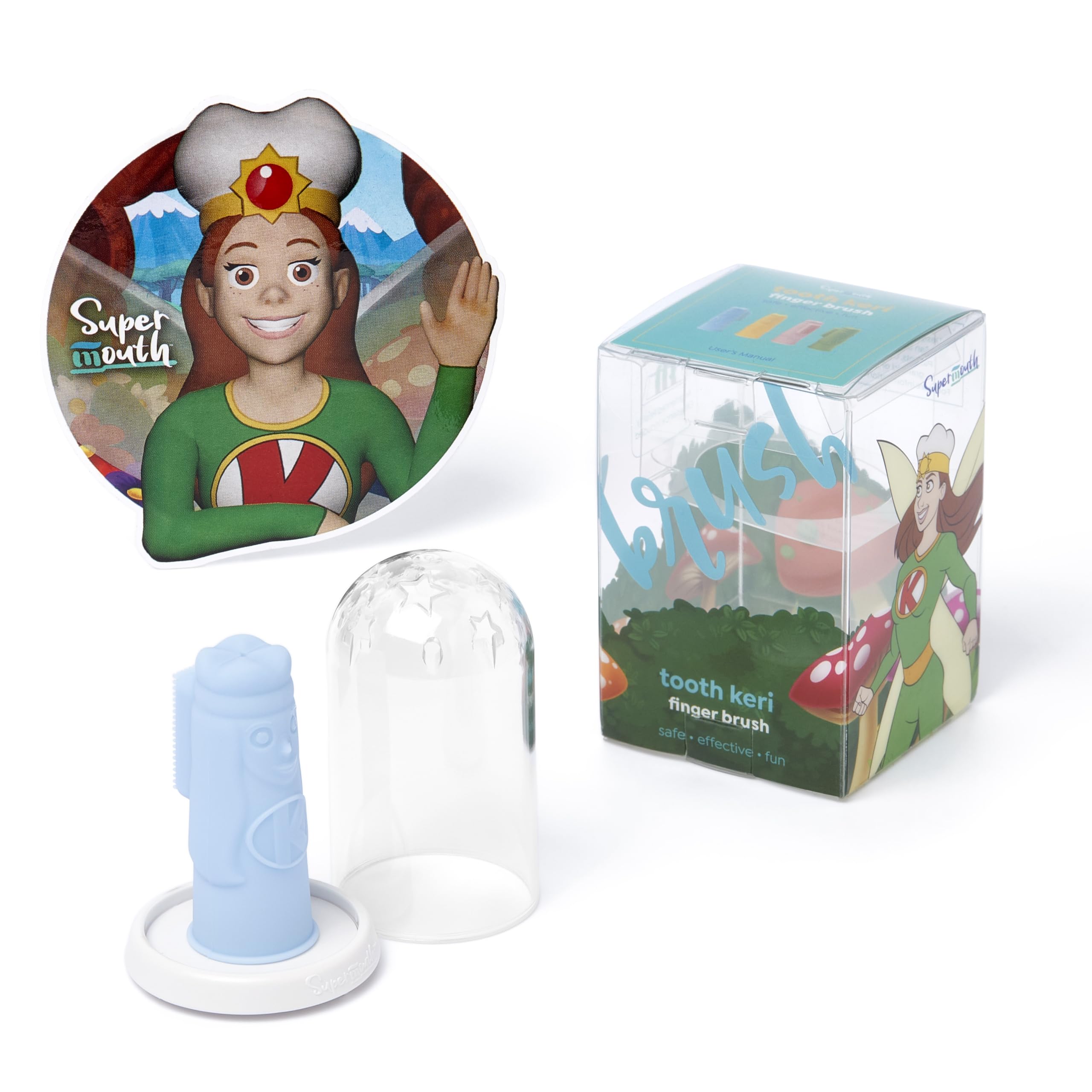 SuperMouth Tooth Keri Baby Finger Brush – Soft Silicone Bristles, Built-in Bite Block, Light-Up Wand, AR App (Teething to 2 Years, 4 Colors)