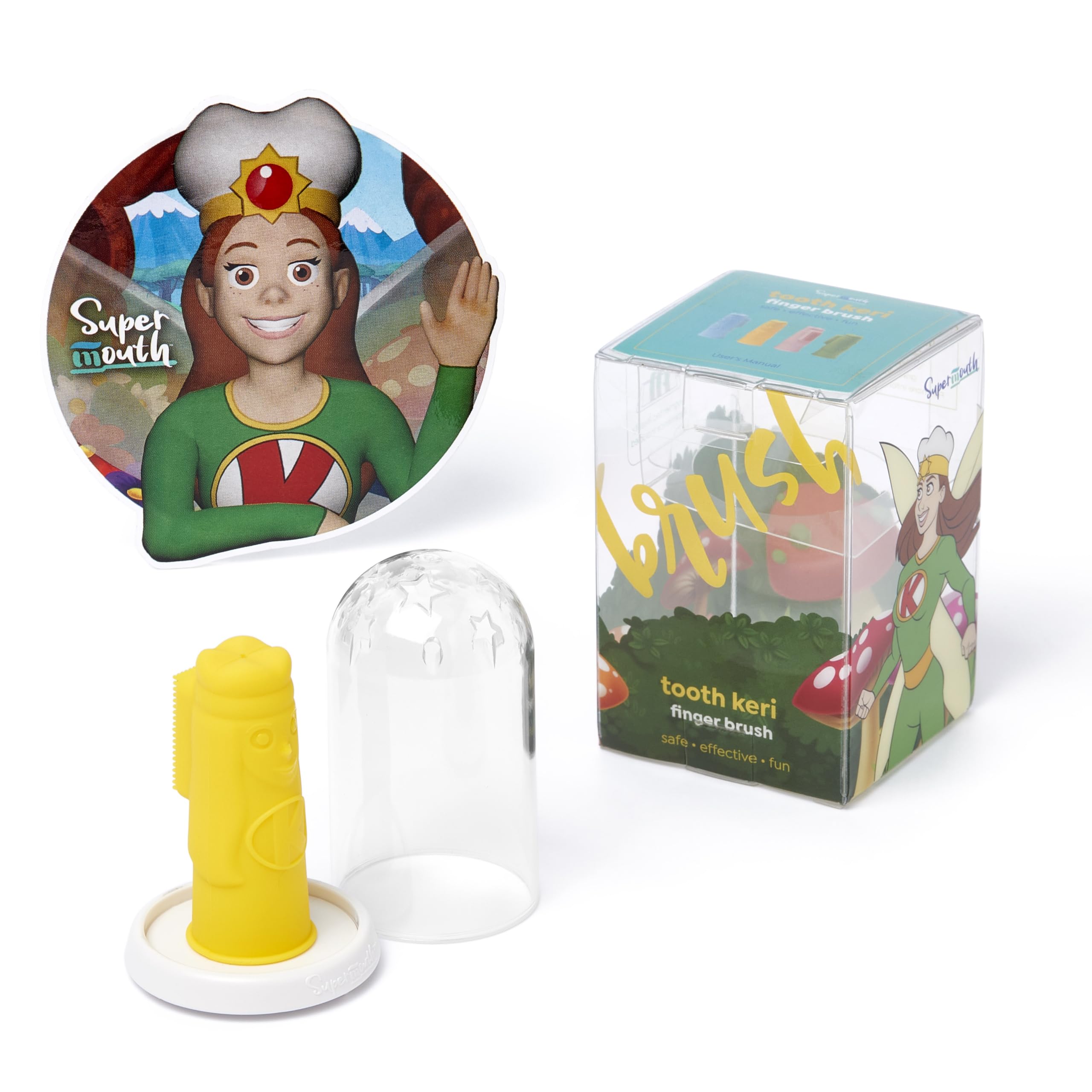 SuperMouth Tooth Keri Baby Finger Brush – Soft Silicone Bristles, Bite Block, Light-Up Wand, AR App, Teething to 2 Years, 4 Colors