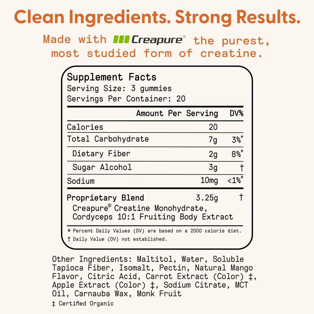 SuperMush Daily Creatine Gummies with Cordyceps – Sugar-Free Vegan Creatine Monohydrate for Strength, Focus & Recovery