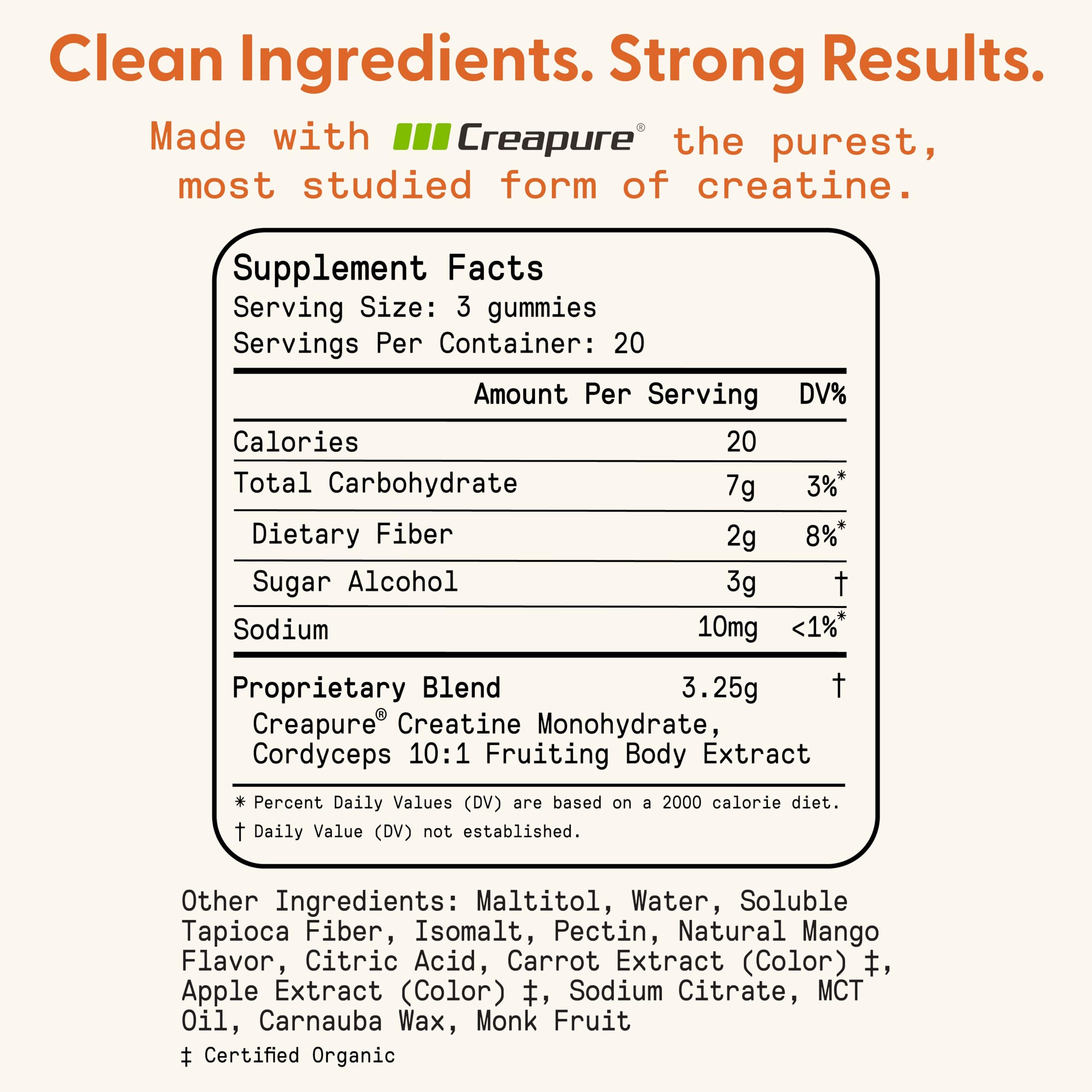 SuperMush Daily Creatine Gummies with Cordyceps – Sugar-Free Vegan Creatine Monohydrate for Strength, Focus & Recovery