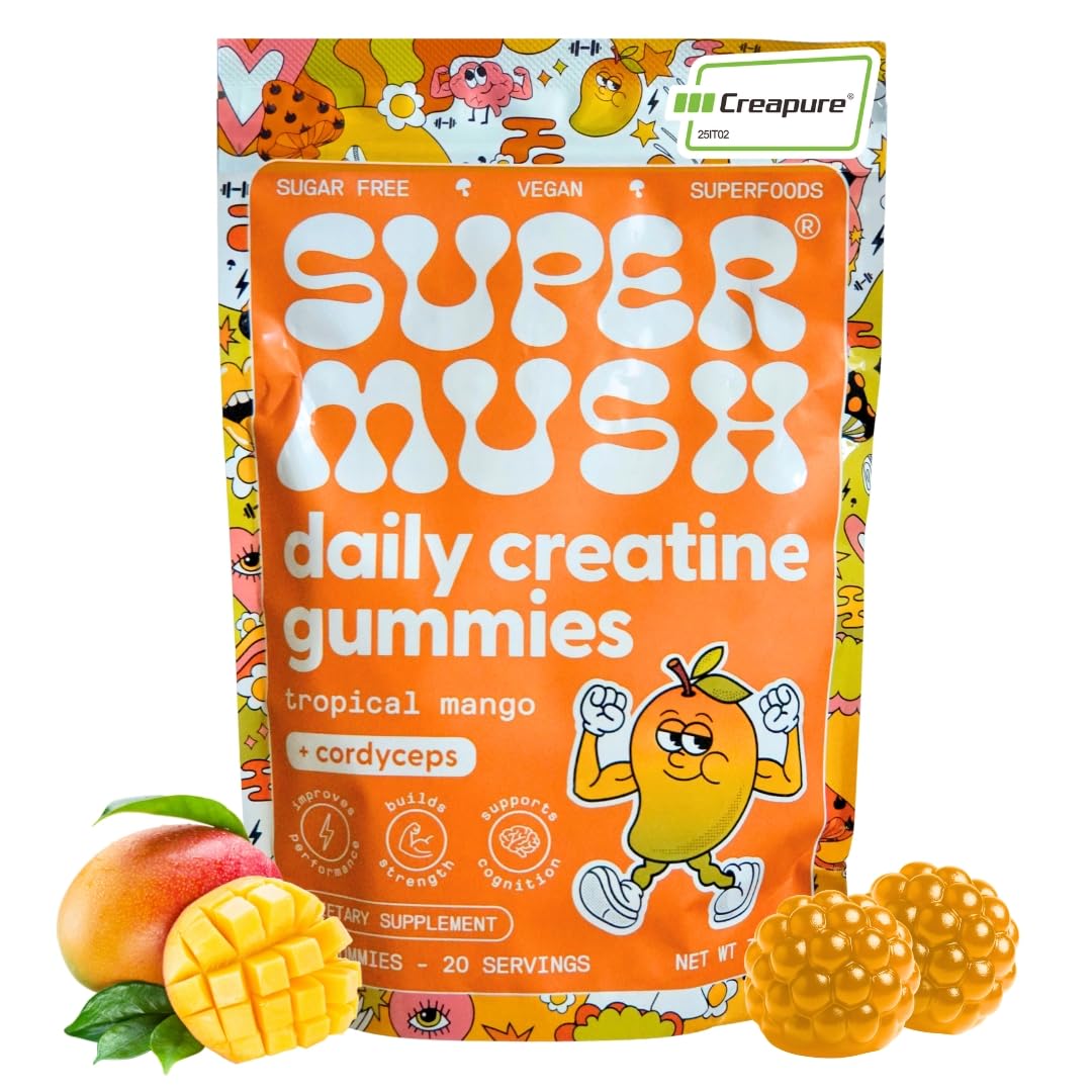 SuperMush Daily Creatine Gummies with Cordyceps – Sugar-Free Vegan Creatine Monohydrate for Strength, Focus & Recovery