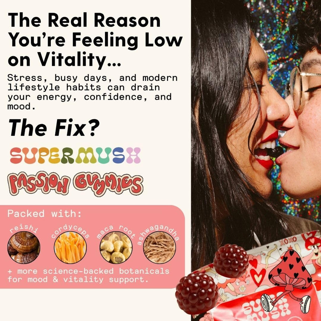 SuperMush Horny Goat Weed Gummies - Horny Goatweed for Men & Women with Cordyceps, Reishi & Maca Root - Maximize Blood Flow, Ignite Feel-Good Vibes & Lasting Energy