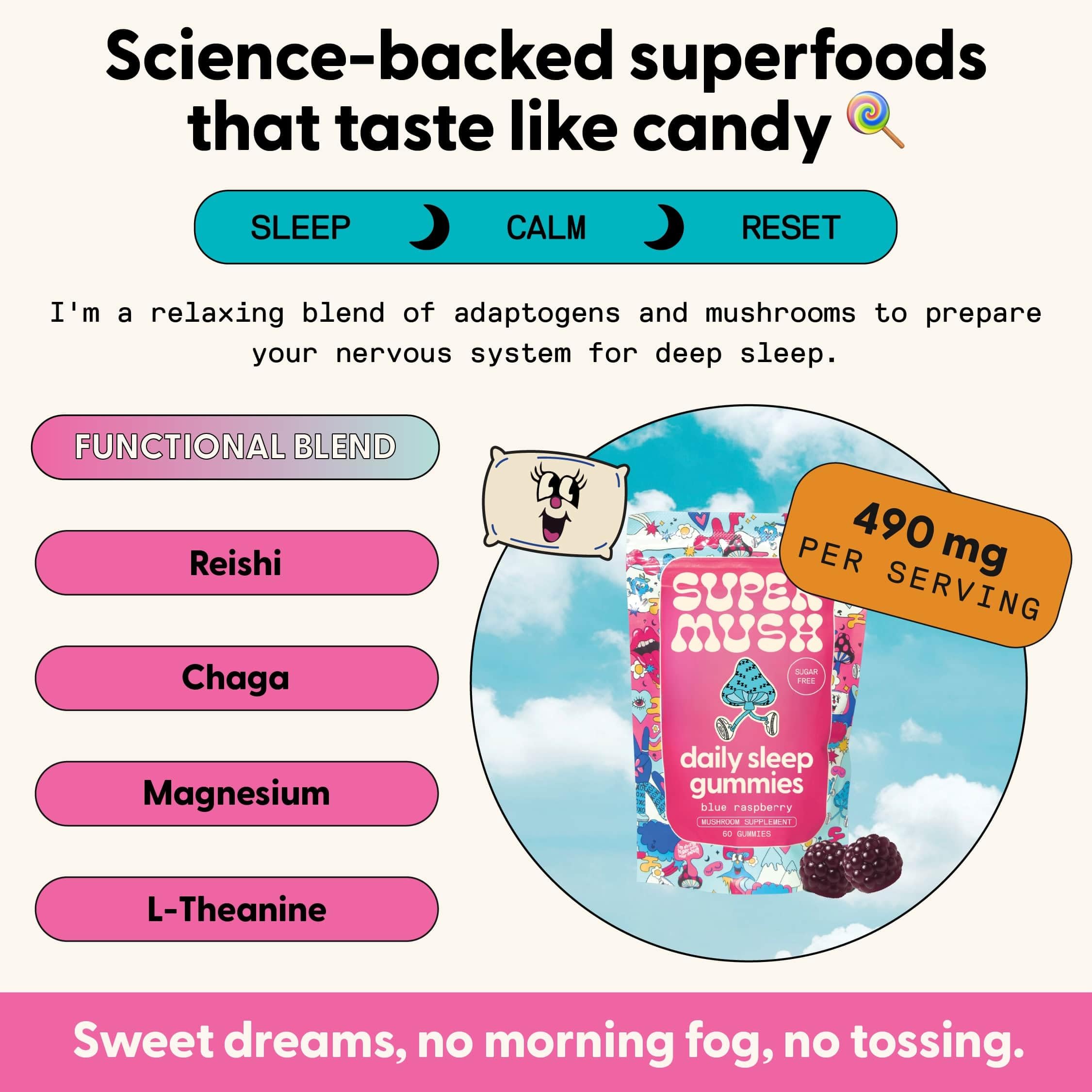 SuperMush Sleep Gummies for Adults – Vegan, Sugar-Free Mushroom Sleep Support (60 Gummies)