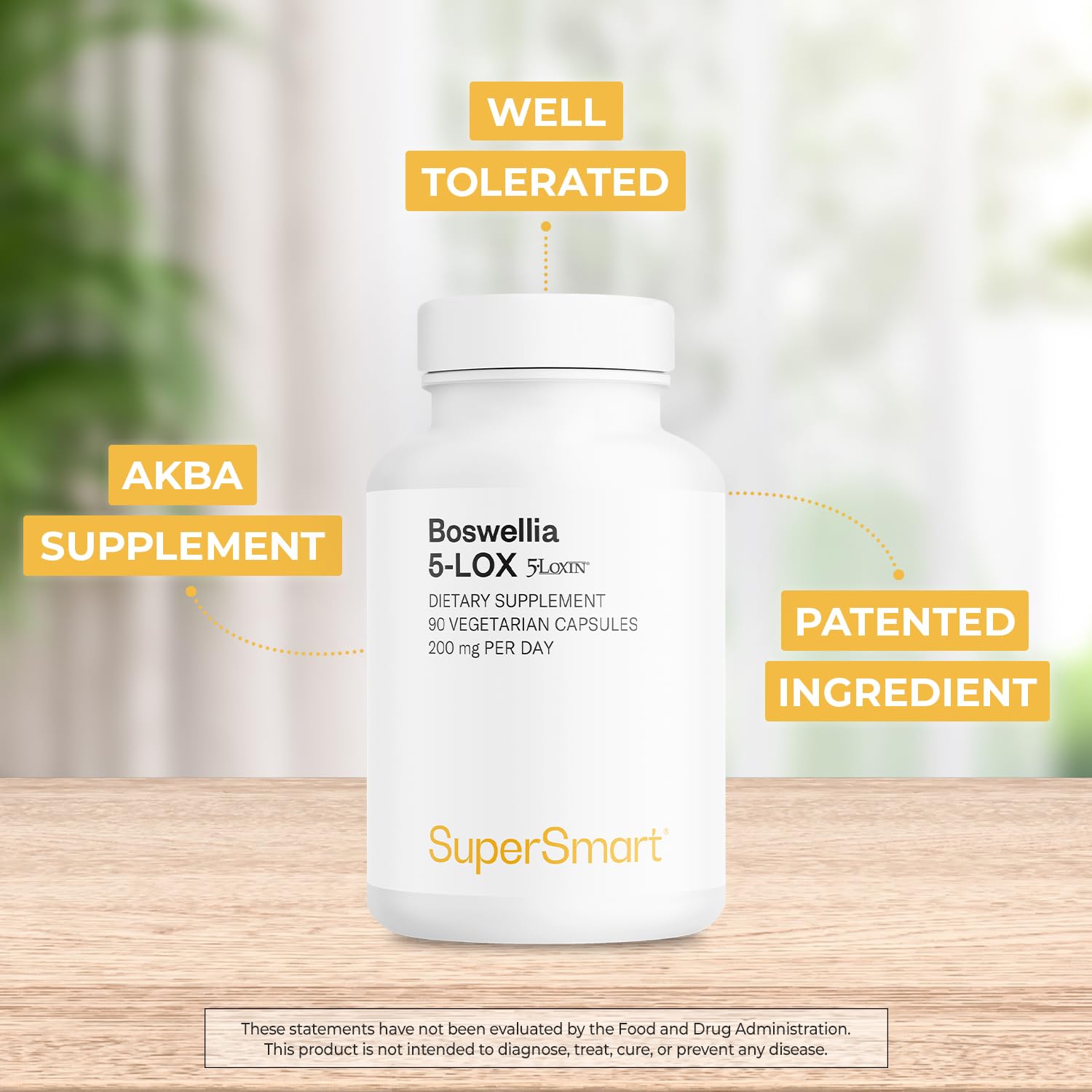 Supersmart - 5-Loxin 200mg per Day (Patented) - AKBA Supplement - 5-Loxin Boswellia Serrata Extract | Non-GMO & Gluten Free - 90 Vegetarian Capsules