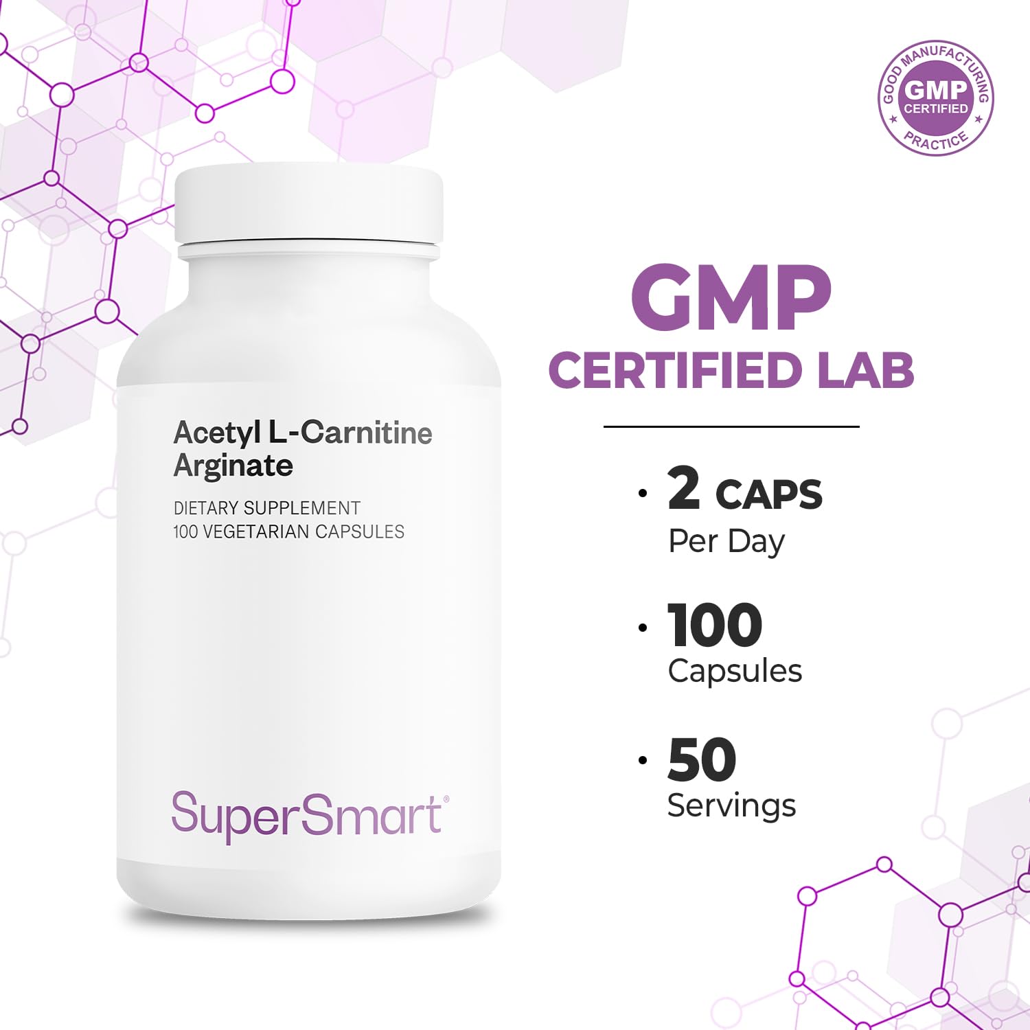 Supersmart Acetyl L-Carnitine Arginate 1000 mg - Brain Health Supplement | Non-GMO & Gluten Free | 120 Veg Capsules