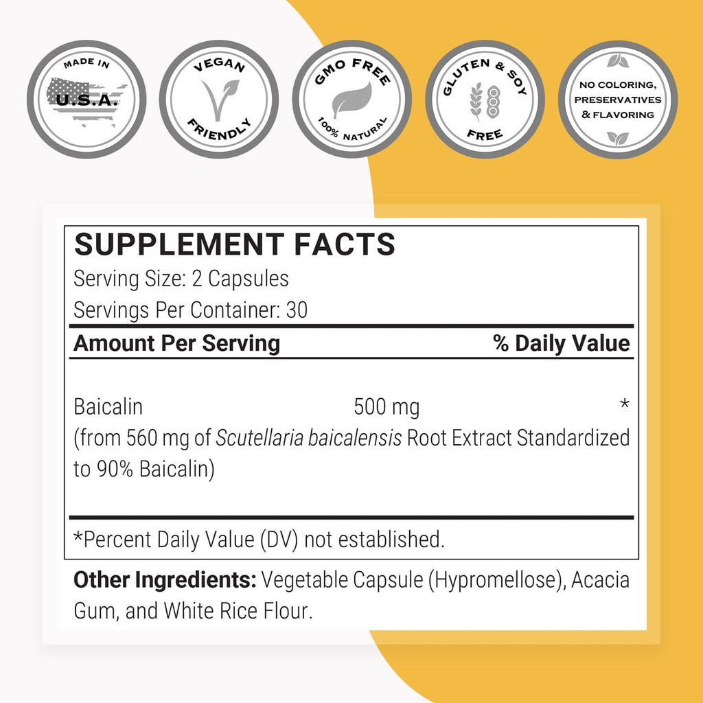 Supersmart - 90% Baicalin 500mg per Day (Scutellaria Baicalensis) - Chinese Skullcap Extract Supplement | Non-GMO & Gluten Free - 60 Vegetarian Capsules