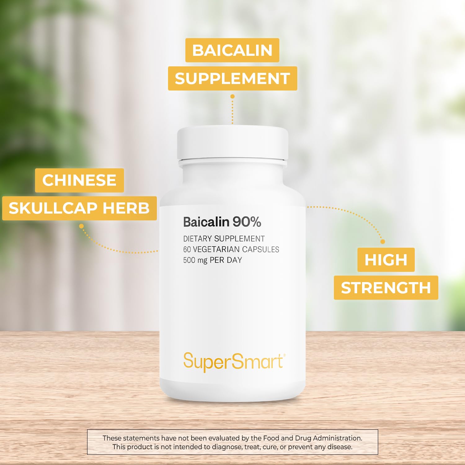 Supersmart - 90% Baicalin 500mg per Day (Scutellaria Baicalensis) - Chinese Skullcap Extract Supplement | Non-GMO & Gluten Free - 60 Vegetarian Capsules