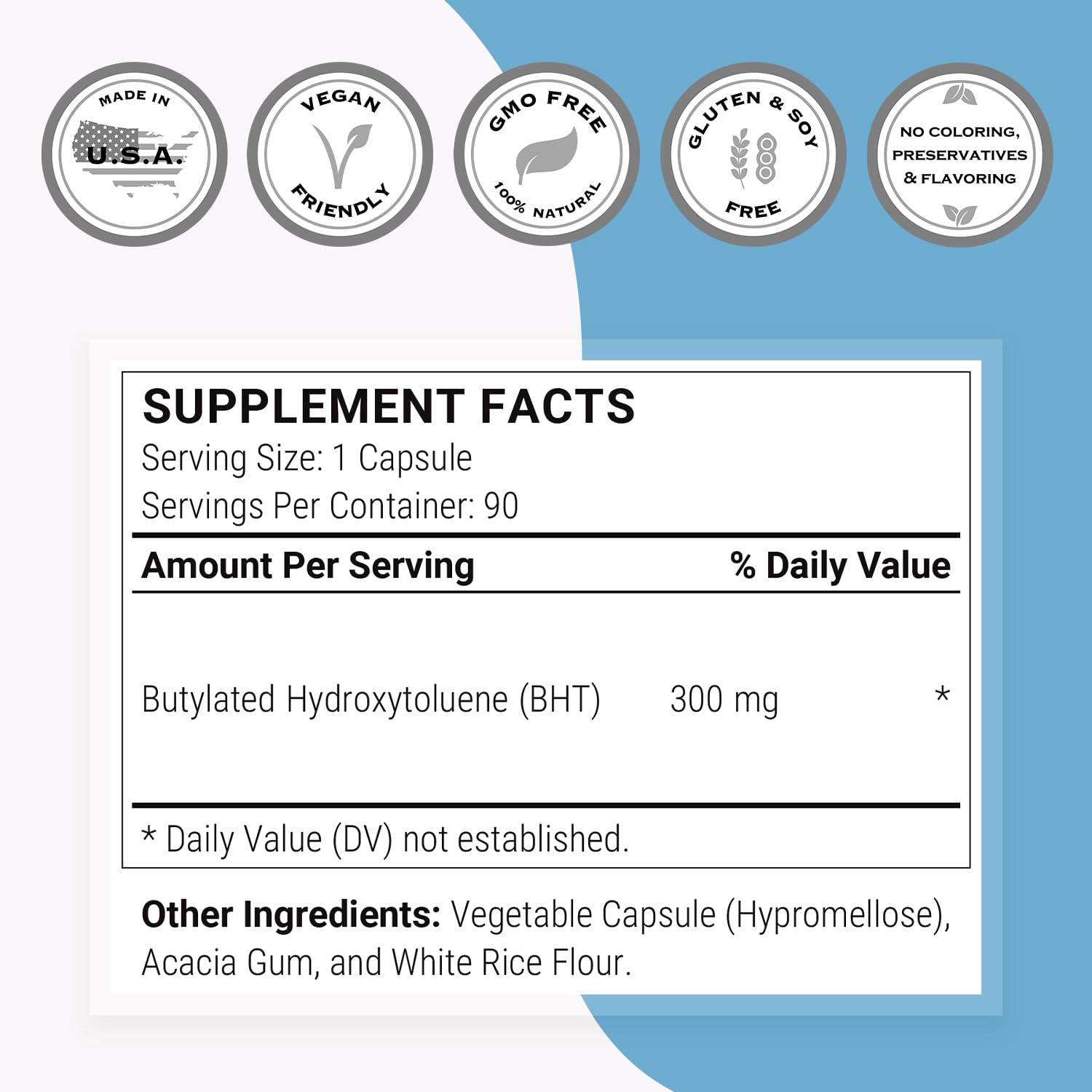 Supersmart BHT Supplement 300mg Daily – Non-GMO, Gluten Free, 90 Vegetarian Capsules