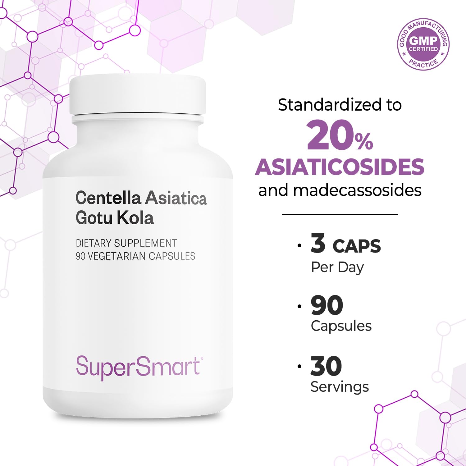 Supersmart Centella Asiatica 180mg/day – Gotu Kola Extract Supplement – Non-GMO, Gluten Free – 90 Veg Capsules
