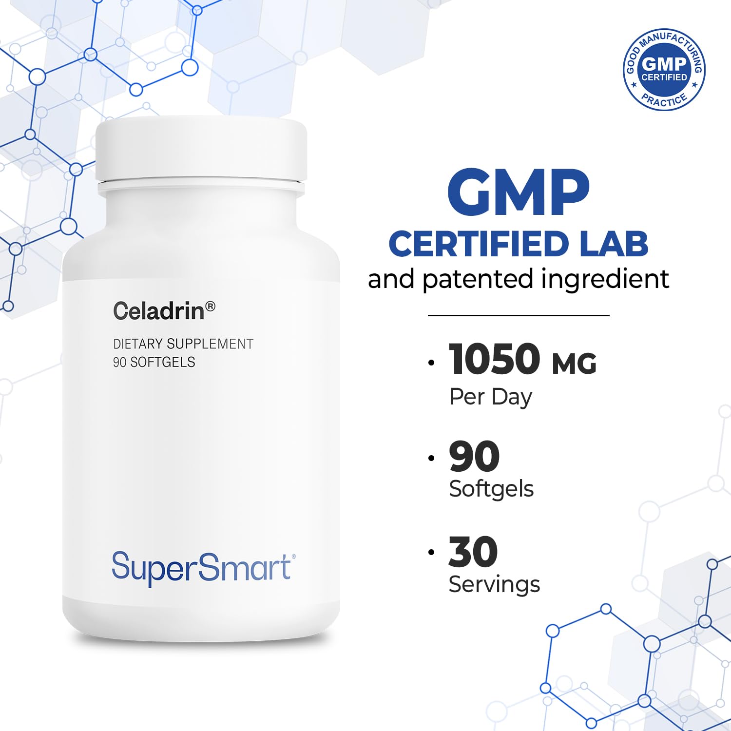 Supersmart Celadrin 1050mg per Day – Patented Esterified Fatty Acids | Non-GMO & Gluten Free | 90 Softgel Capsules