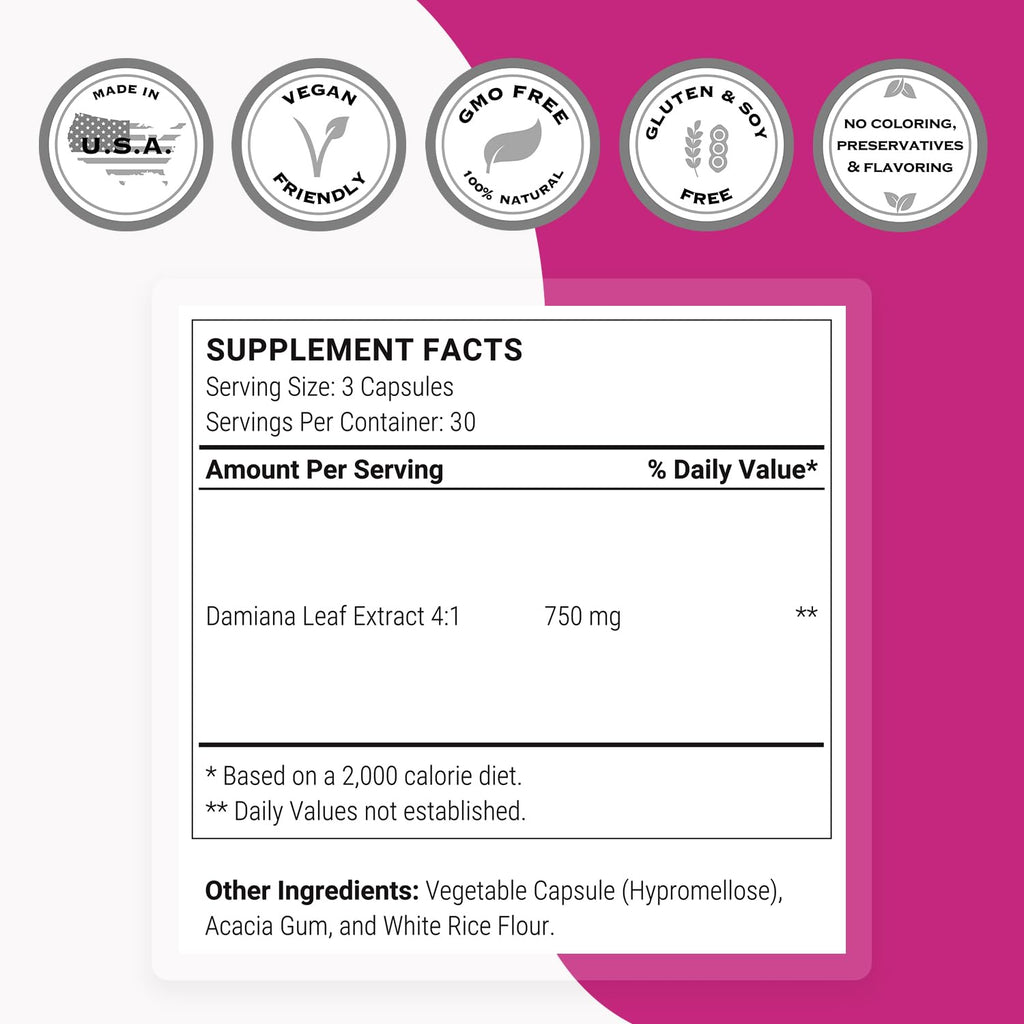 Damiana Extract 750mg per Day – Supersmart (Turnera Herb) | Non-GMO & Gluten Free | 90 Vegetarian Capsules