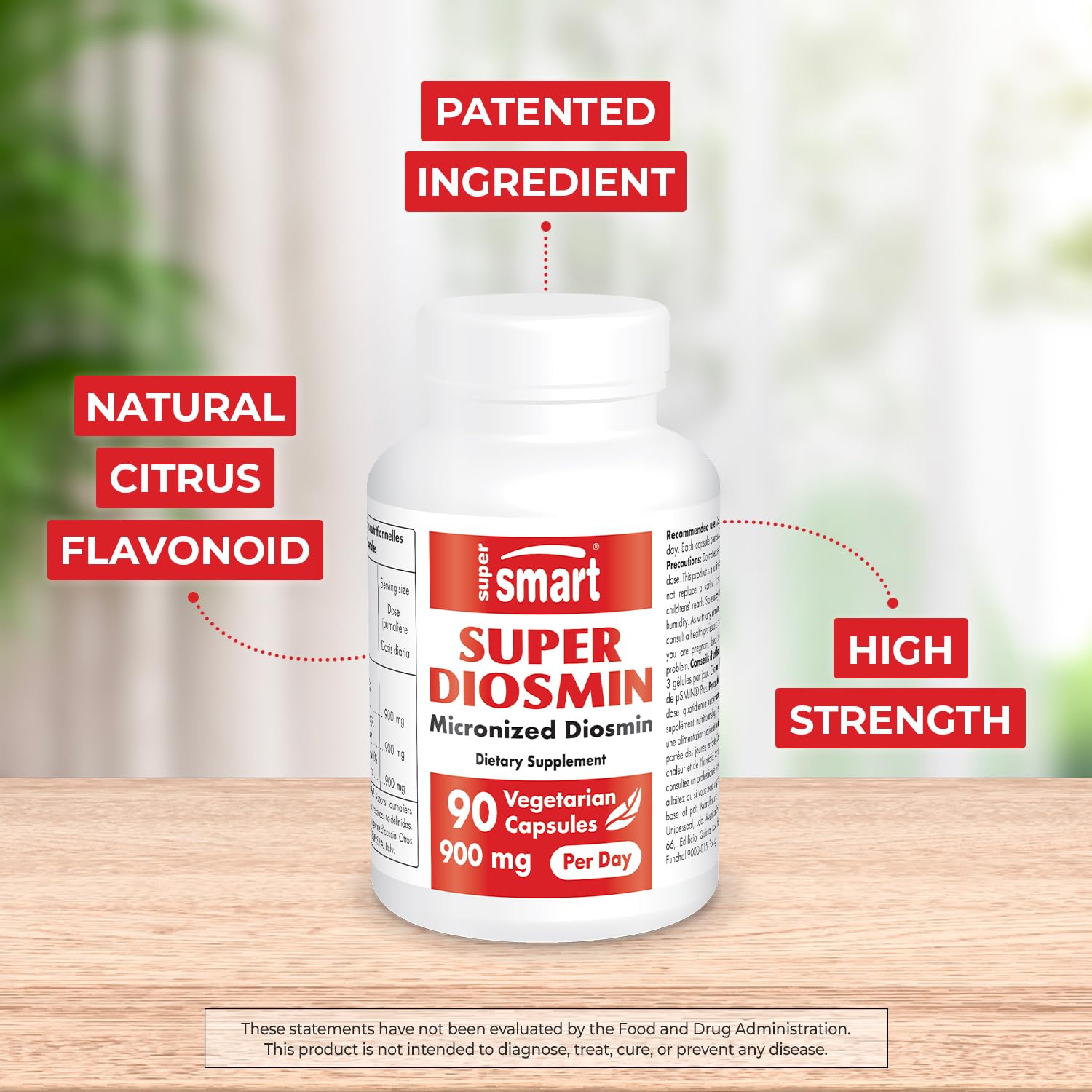 Supersmart Diosmin 900mg/Day – Patented Micronized Diosmin (µSMIN) | 90% Flavonoids, Non-GMO & Gluten Free | 90 Veg Capsules