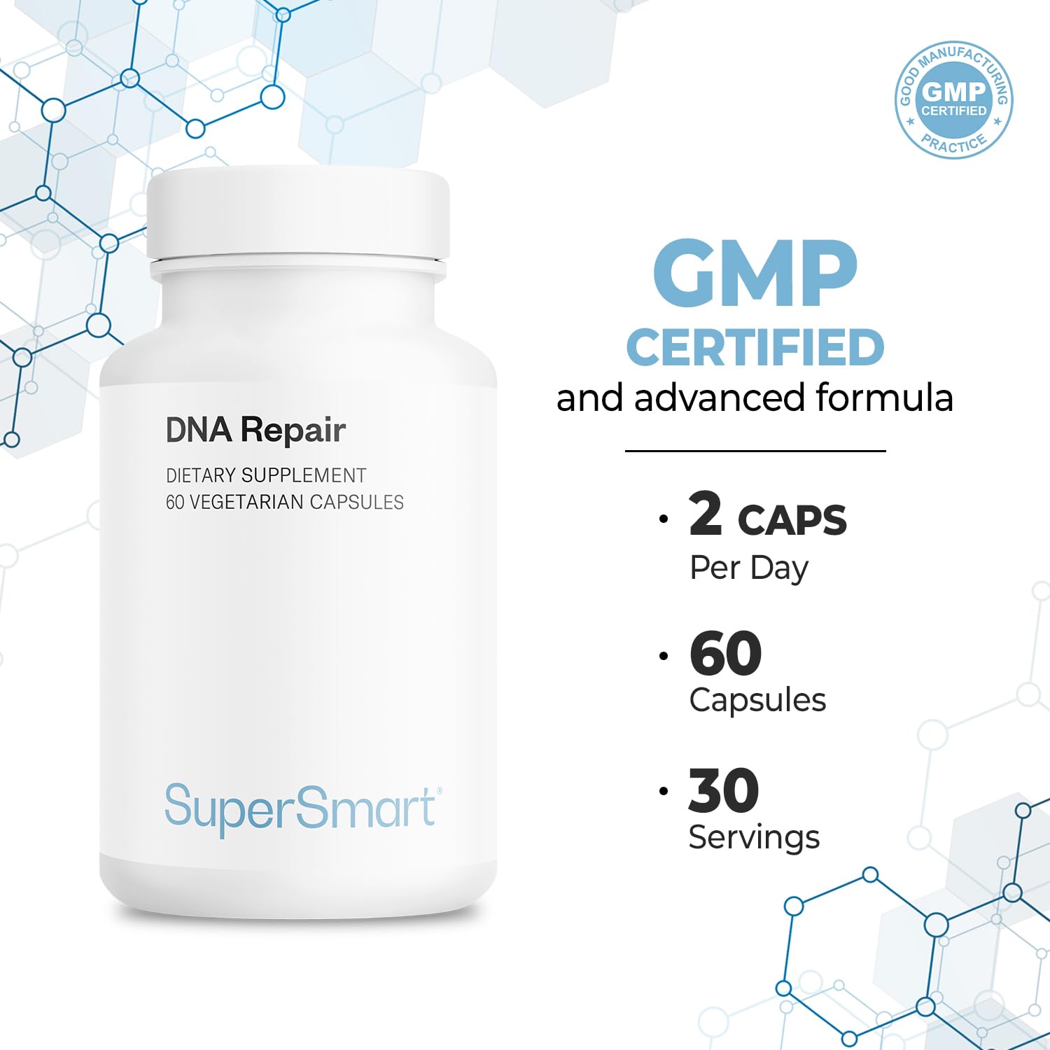 Supersmart DNA Repair (Advanced Formula) – AC-11, SOD Gliadins Complex, Sulforaphane Glucosinolate | 60 Vegetarian Capsules