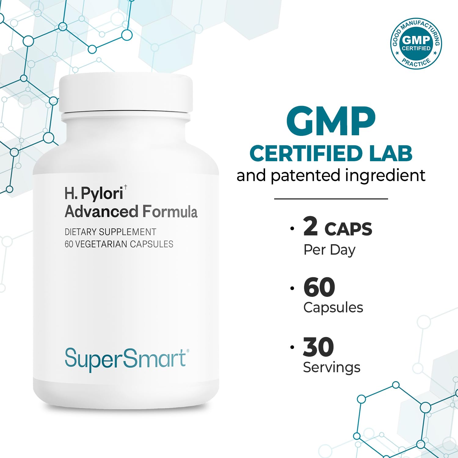 Supersmart H. Pylori Advanced Formula | Mastic Gum, Probiotics & Prebiotic | 60 Veg Capsules | Made in USA