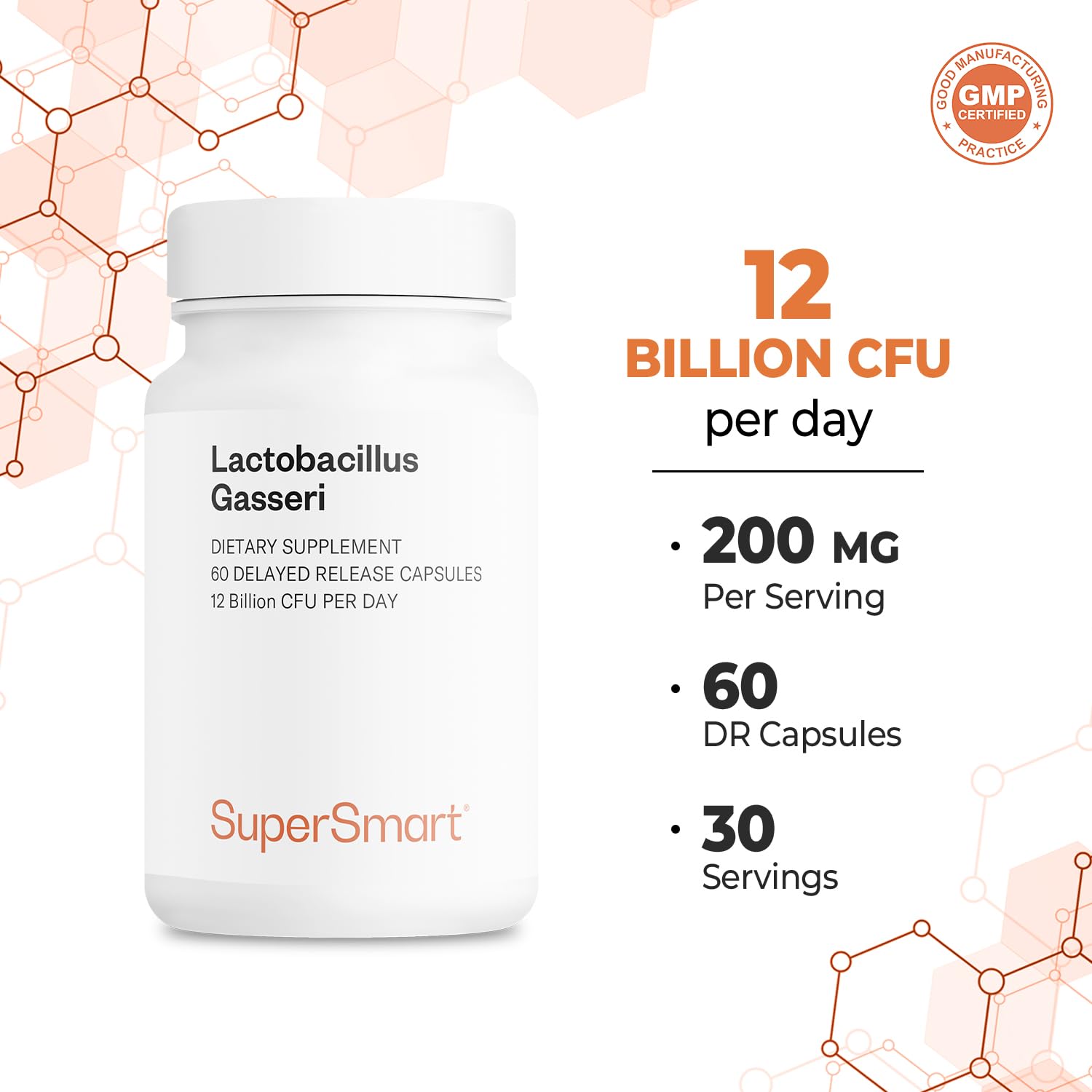 Supersmart Lactobacillus Gasseri 12B CFU Daily Probiotic – Non-GMO & Gluten Free | 60 DR Capsules