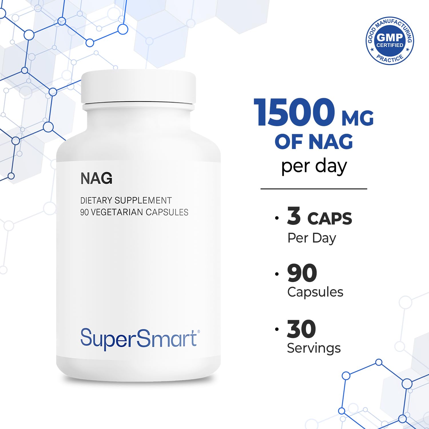 Supersmart NAG 1500mg – N-Acetyl Glucosamine, High Absorption | Non-GMO, Gluten Free, 90 Vegetarian Capsules