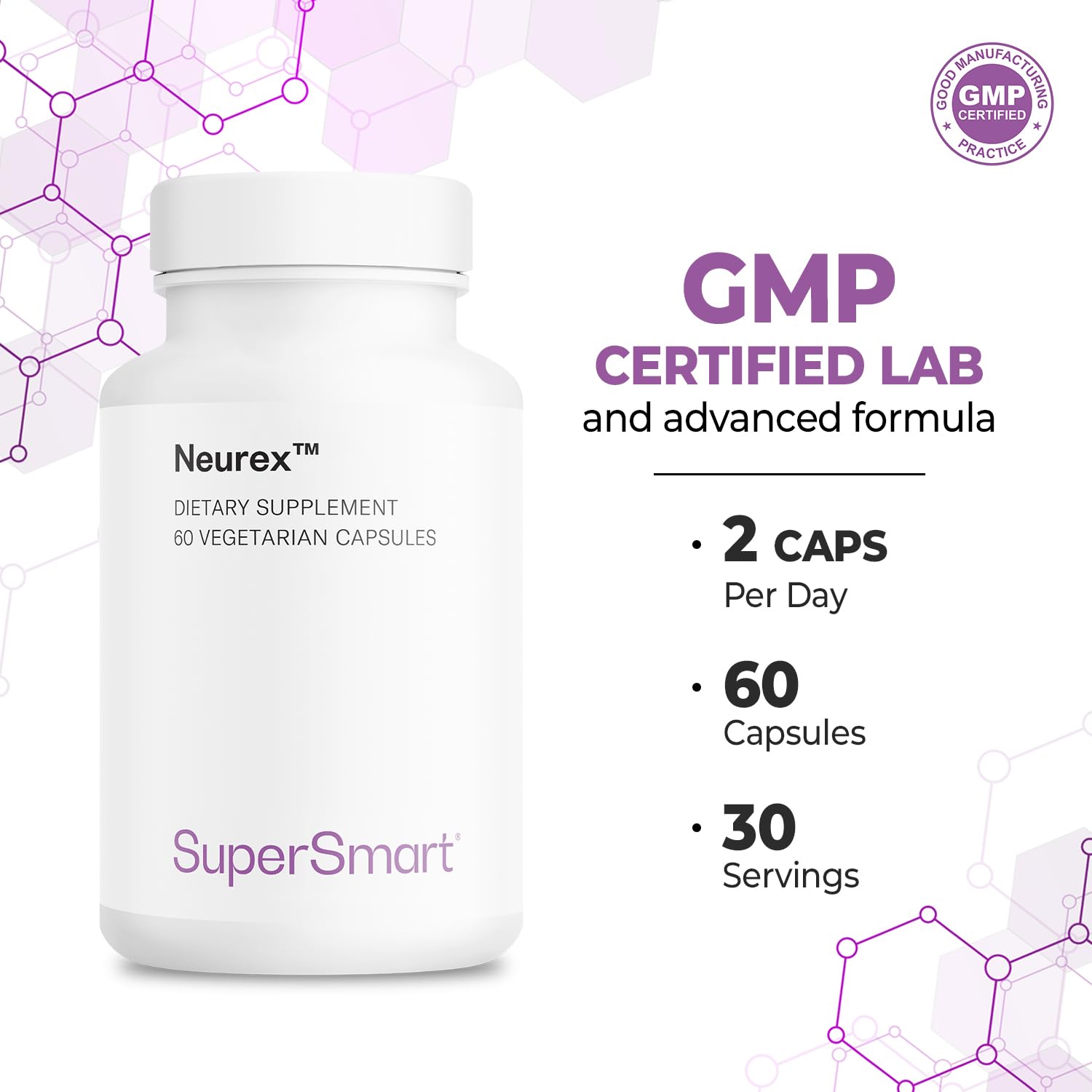 Supersmart Neurex Advanced Formula – High Potency Brain Support with Ginkgo, Bacopa, GPC & Huperzine A | Non-GMO & Gluten Free | 60 Veg Caps