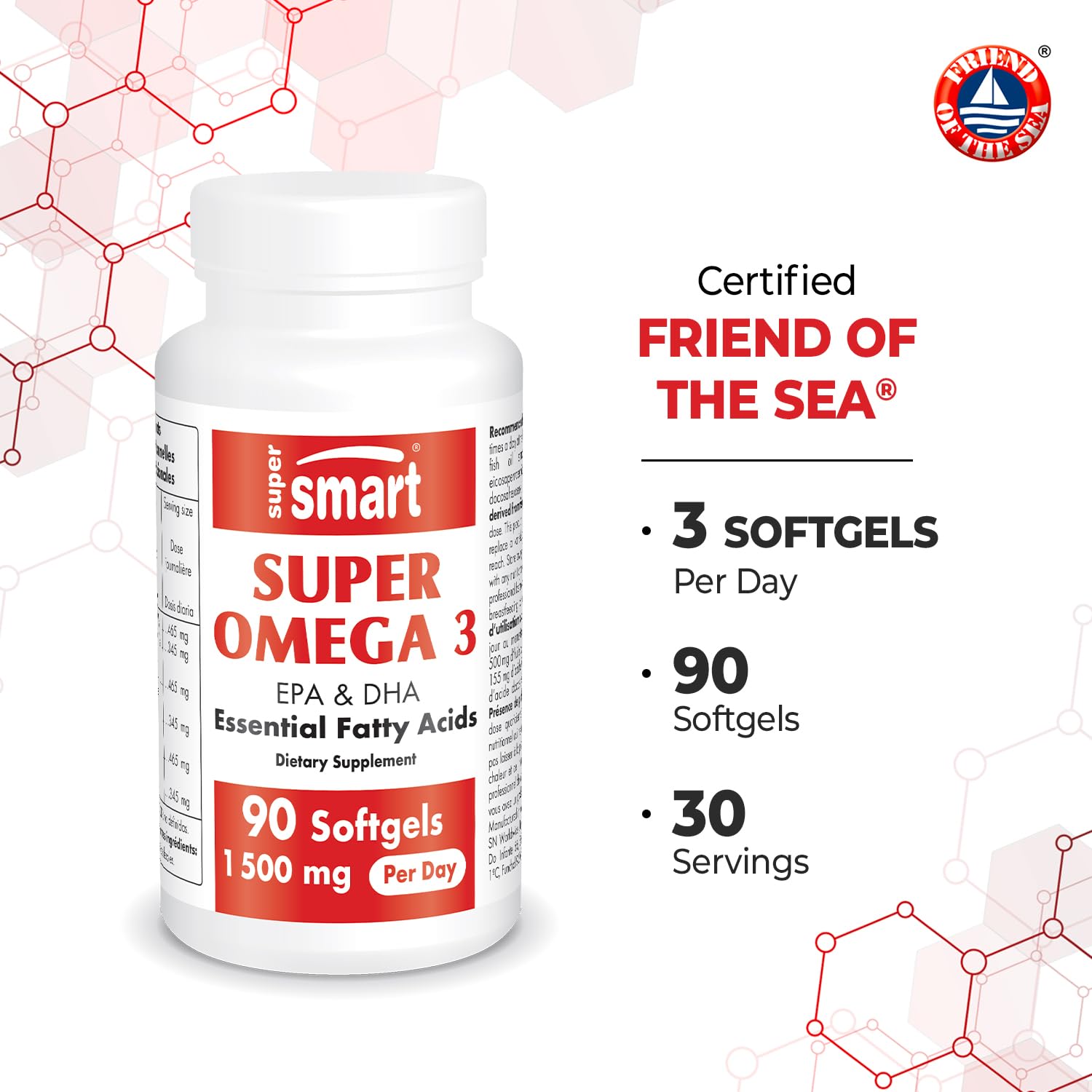 Supersmart Super Omega 3 1500mg/day | EPA & DHA | Friend of The Sea | 90 Softgels
