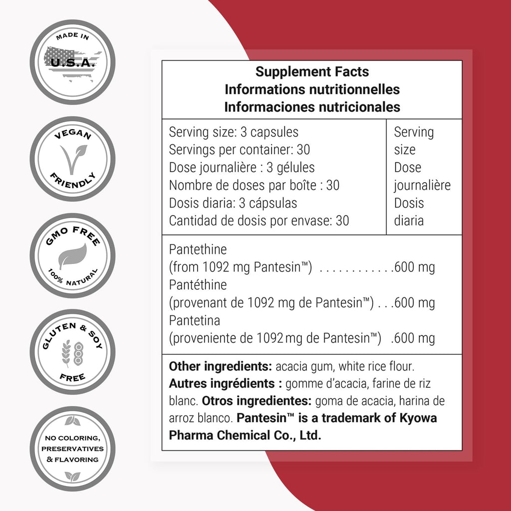 Supersmart Pantesin Pantethine 600 mg per Day - Pantothenic Acid (Vitamin B5) - Non-GMO & Gluten Free - 90 Vegetarian Capsules