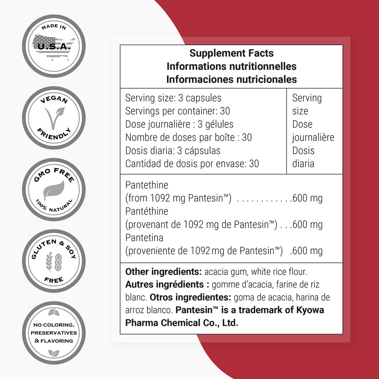 Supersmart Pantesin Pantethine 600 mg per Day - Pantothenic Acid (Vitamin B5) - Non-GMO & Gluten Free - 90 Vegetarian Capsules