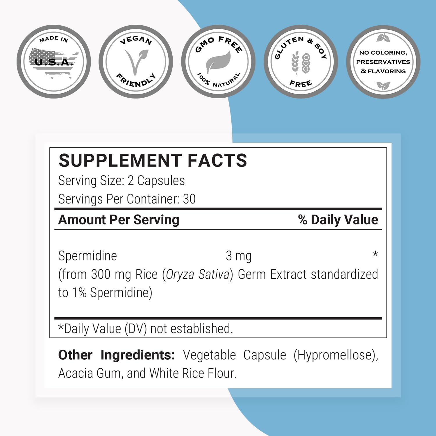 Supersmart Spermidine 3mg Daily - Rice Starch Extract, Non-GMO, Gluten Free, 60 Veg Capsules