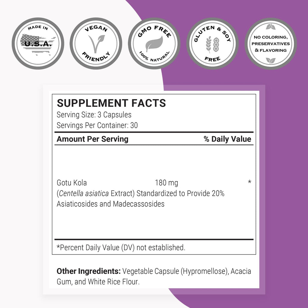 Supersmart Centella Asiatica 180mg/day – Gotu Kola Extract Supplement – Non-GMO, Gluten Free – 90 Veg Capsules