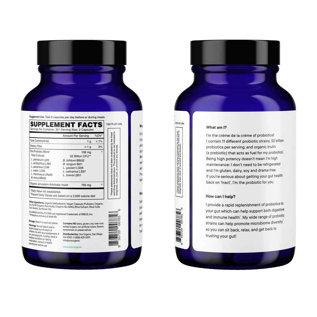 Ora Organic Probiotics with Prebiotics — 52 Billion CFU, 11 Strains, Gluten Free, 60 Capsules