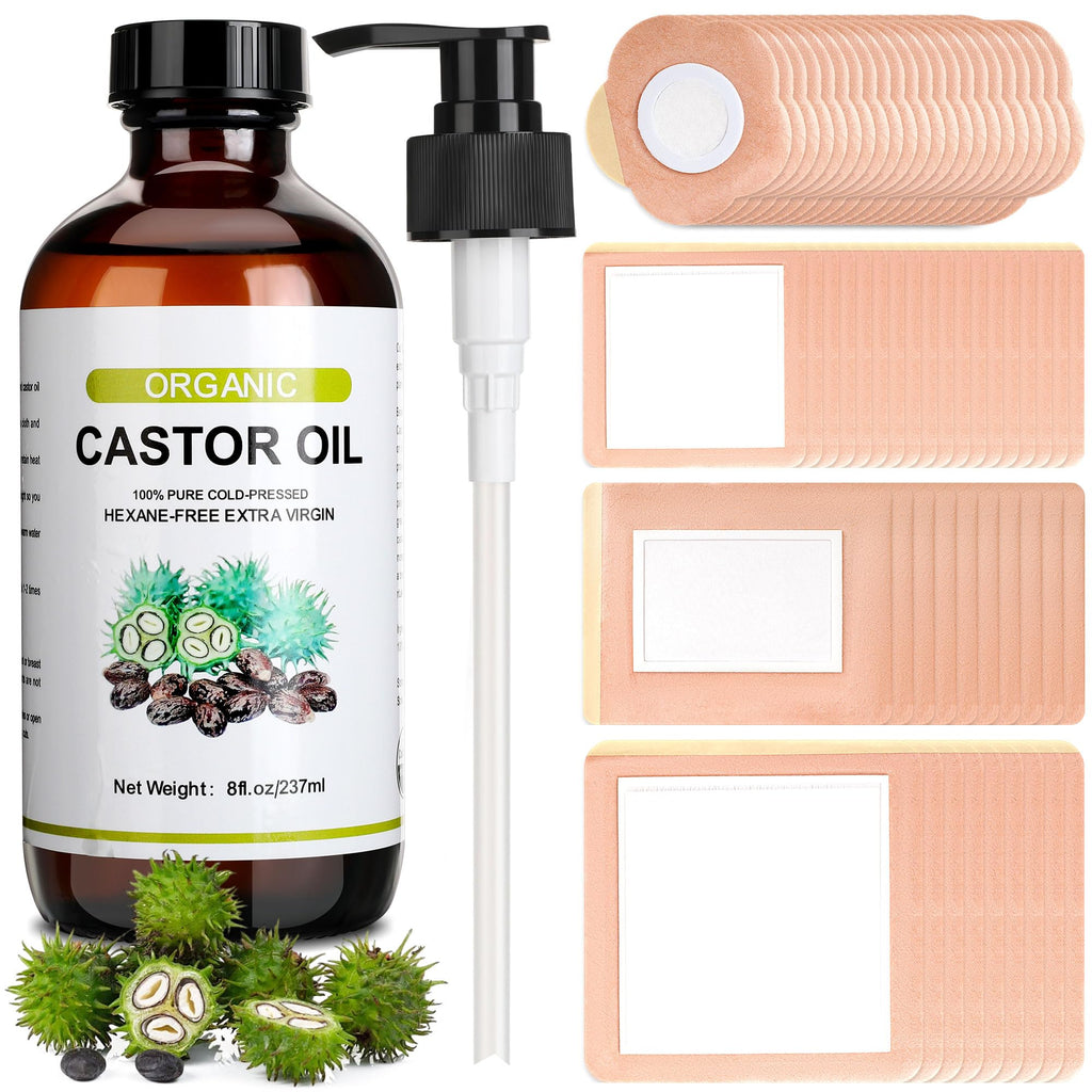 Suquuee Castor Oil Pack – 60 Patches + 8oz Organic Oil