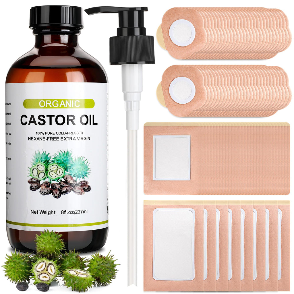 Suquuee Castor Oil Pack Set – 98 Patches + 8oz Organic Cold-Pressed Oil for Belly Button, Abdomen & Full Body