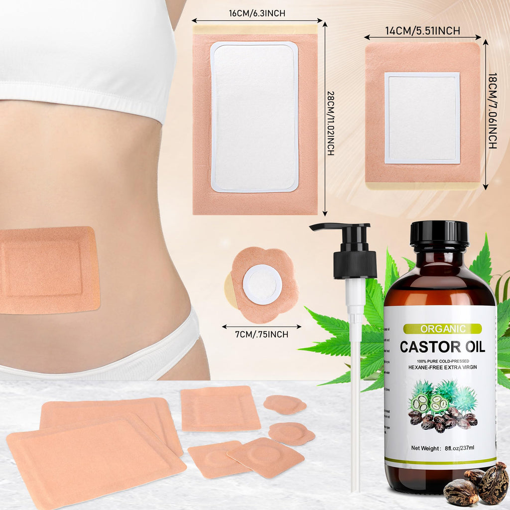 Suquuee Castor Oil Pack Set – 98 Patches + 8oz Organic Cold-Pressed Oil for Belly Button, Abdomen & Full Body