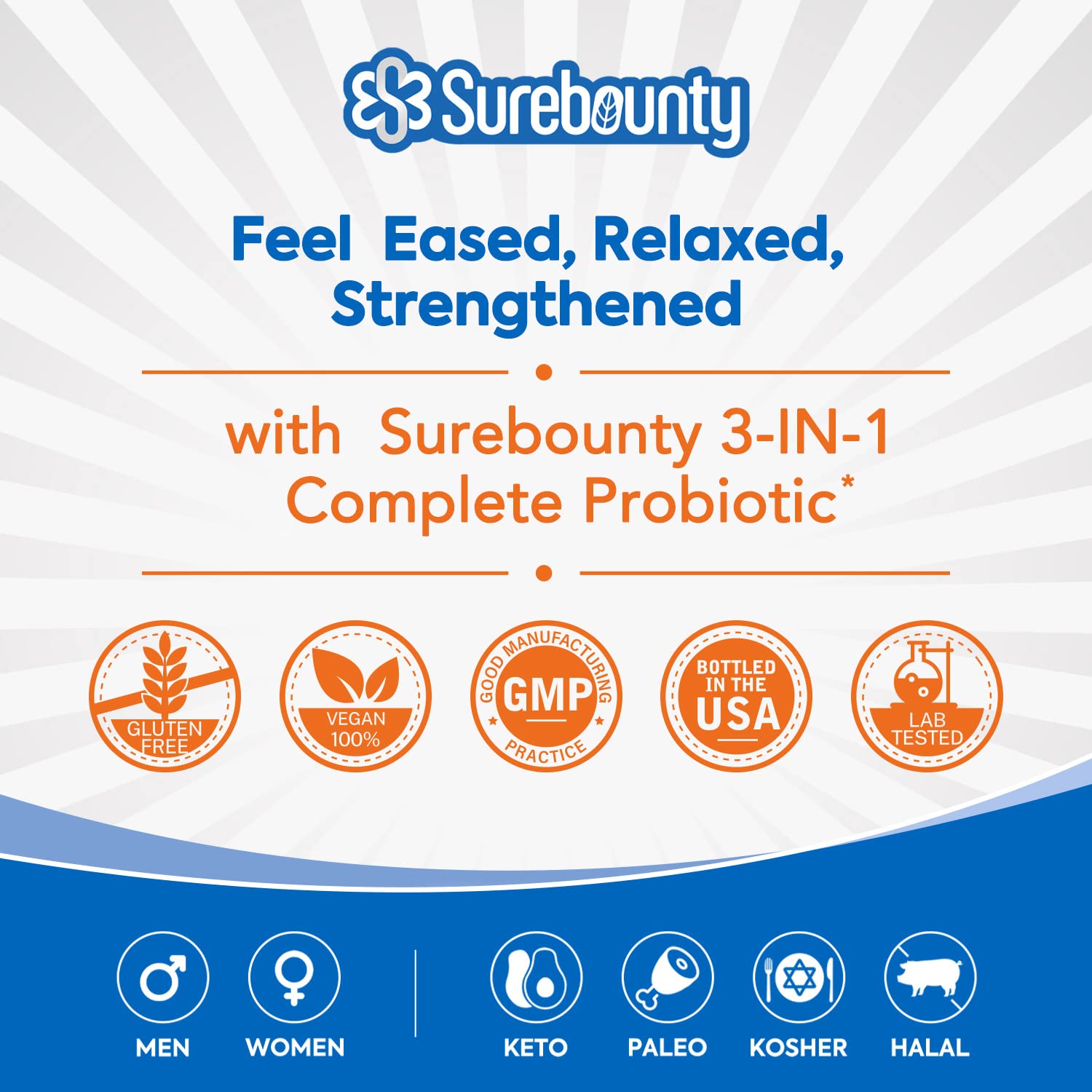 Surebounty Probiotics 120B CFU – 3-in-1 Digestive Support (30 Caps)