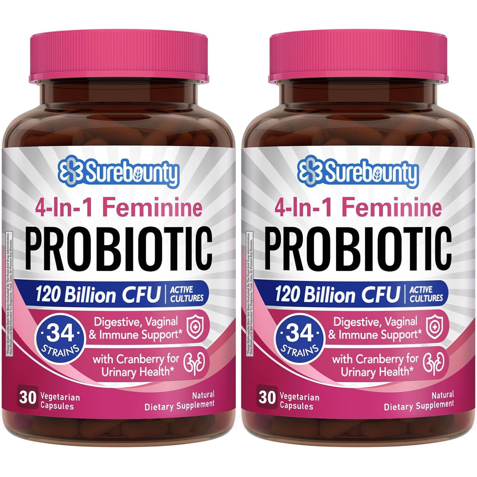 Surebounty Probiotics for Women - 120B CFU, 34 Strains, 4-in-1 Probiotic, 60ct (Pack of 2)