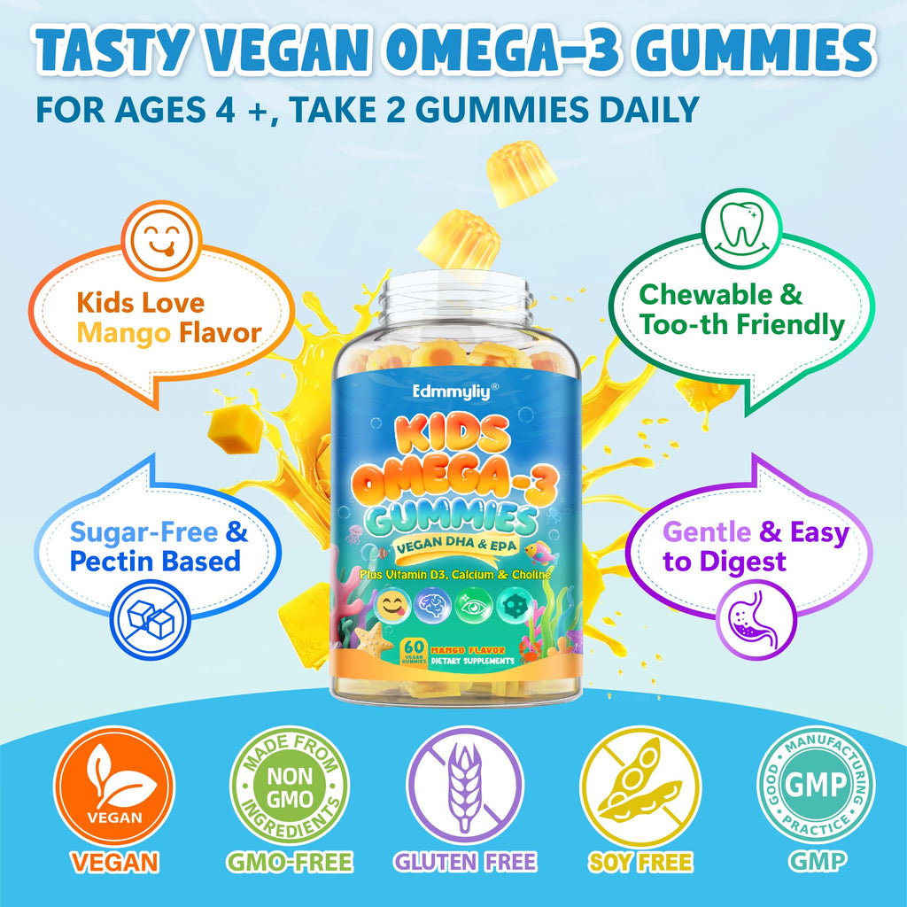 Kids Omega-3 Gummies - Algae DHA/EPA, D3, B12, Calcium, Zinc | Sugar-Free