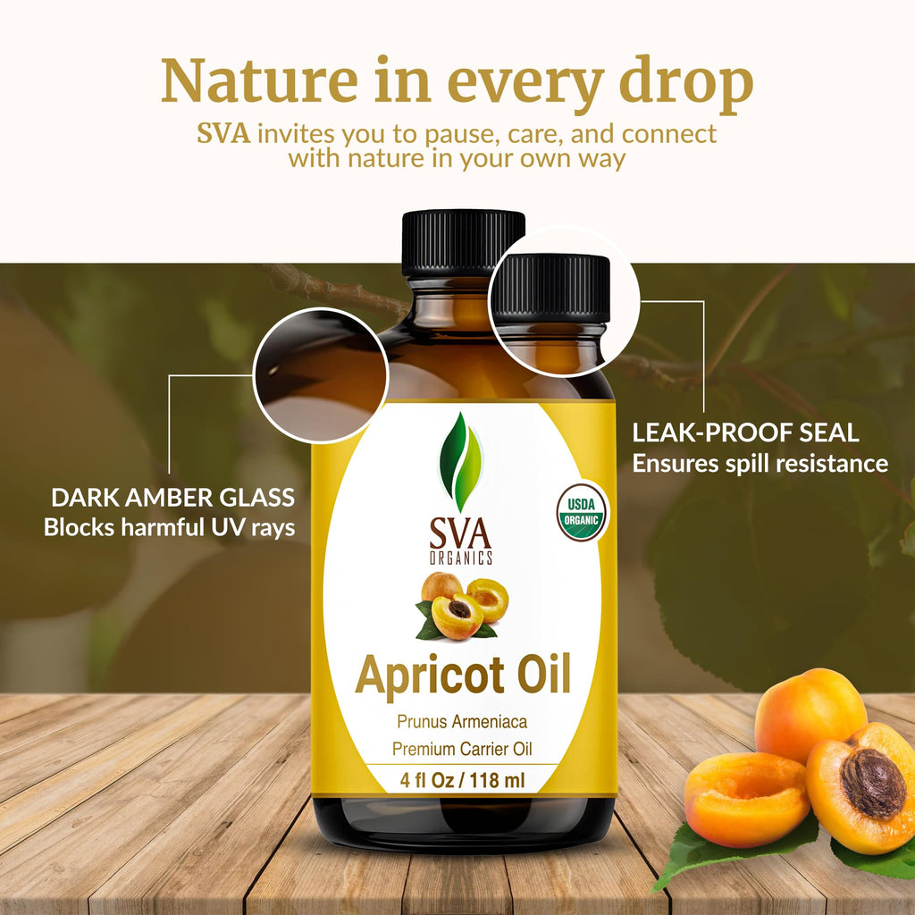SVA Apricot Seed Oil Organic – 4 oz Cold-Pressed Carrier Oil for Face & Hair